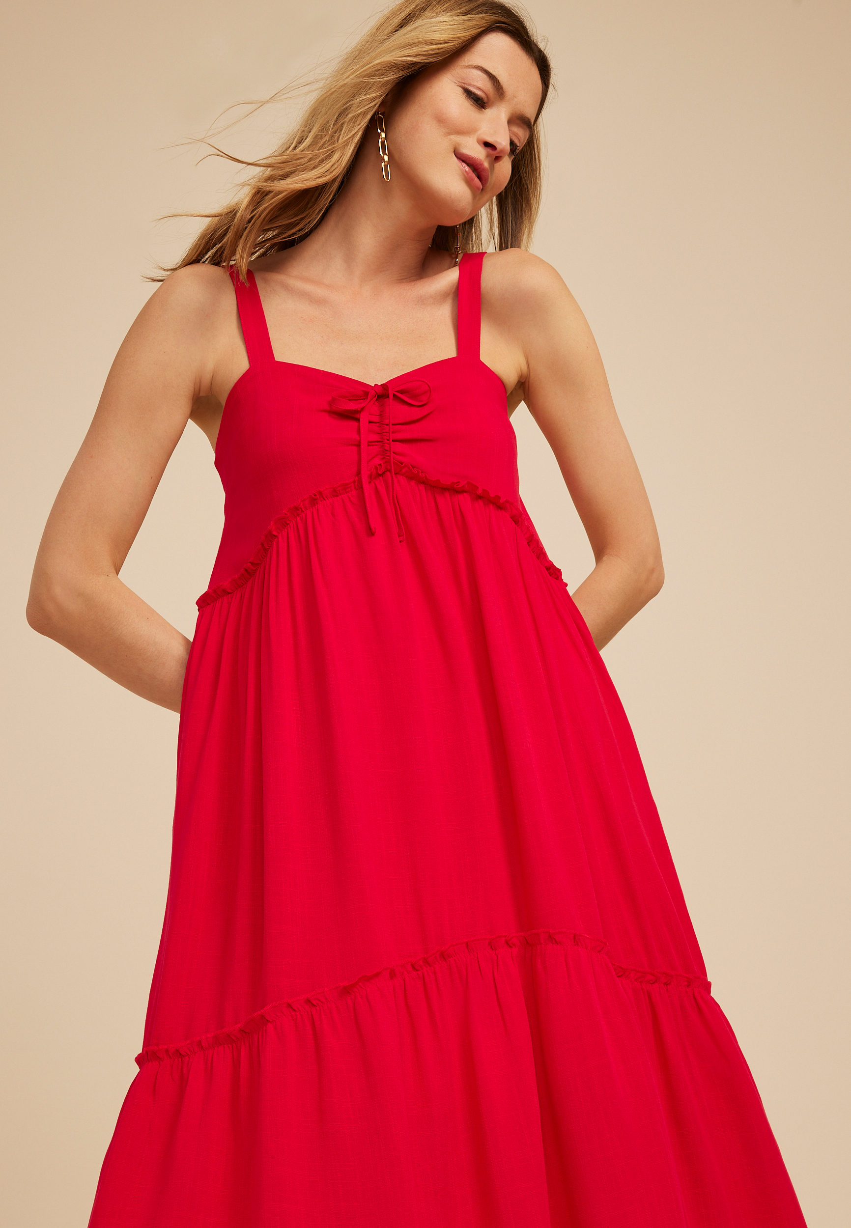 Bare Sweetheart Tie Front Tiered Midi Dress