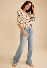 Floral Button Front 3/4 Sleeve Blouse, C4351, small