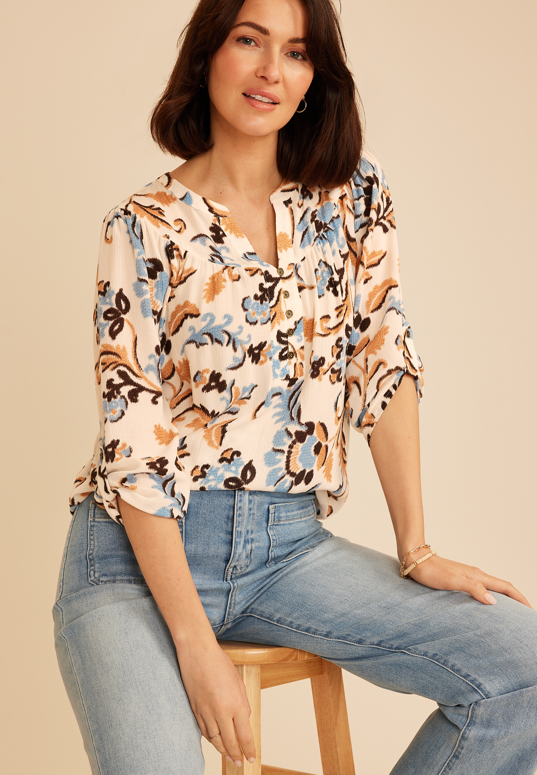 Floral Button Front 3/4 Sleeve Blouse, C4351, large