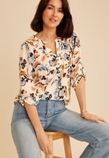 Floral Button Front 3/4 Sleeve Blouse, C4351, small