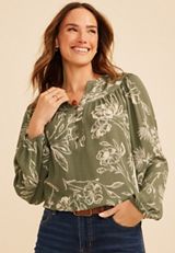 Olive Floral Henley Peasant Blouse, , small