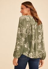 Olive Floral Henley Peasant Blouse, , small