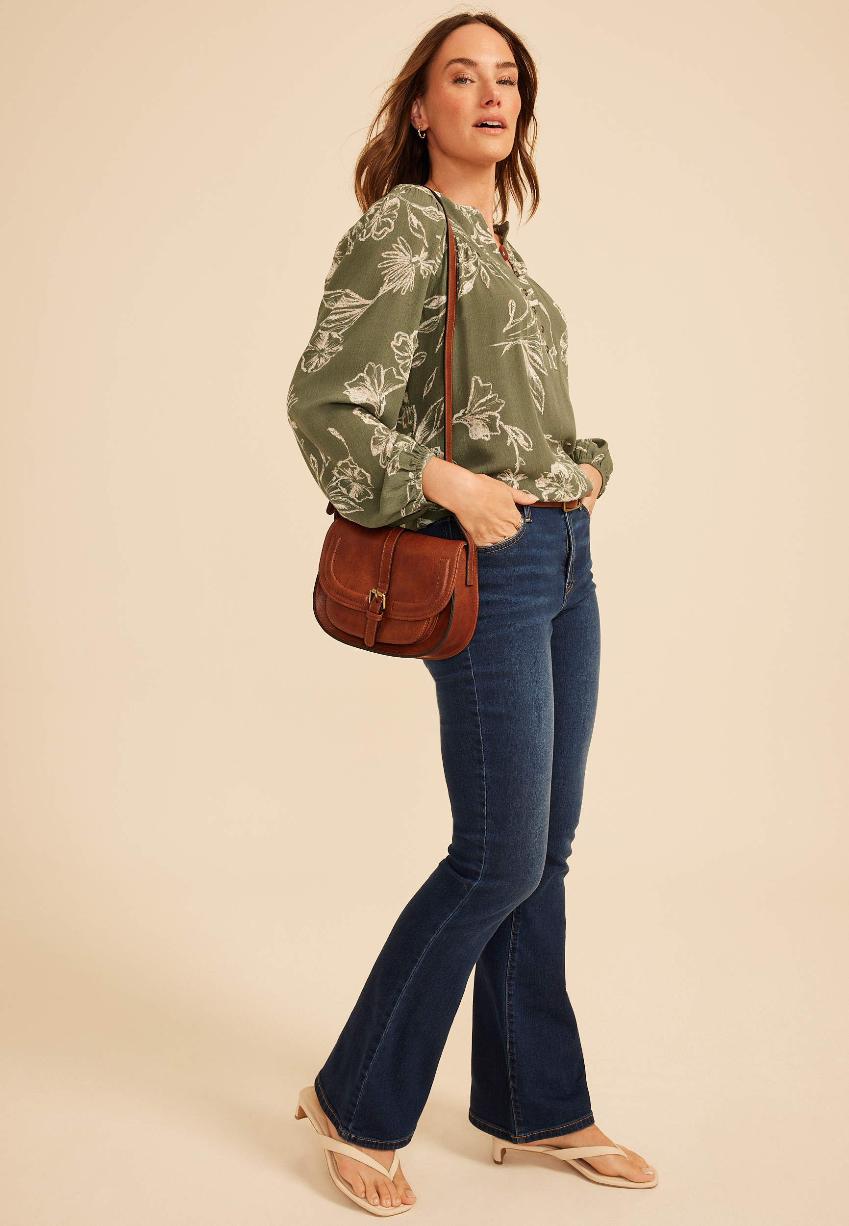 Olive Floral Henley Peasant Blouse, , large