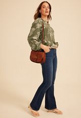 Olive Floral Henley Peasant Blouse, , small