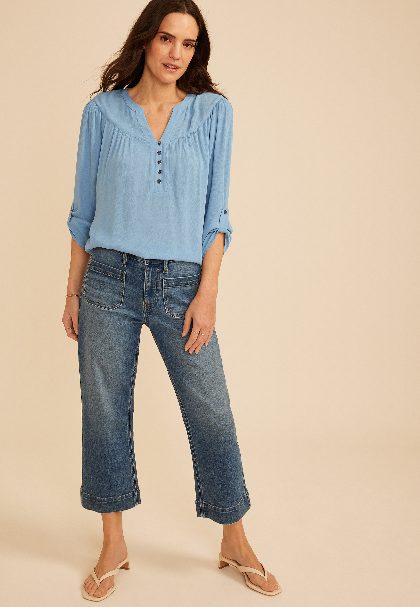 Button Front 3/4 Sleeve Blouse, C6929, large