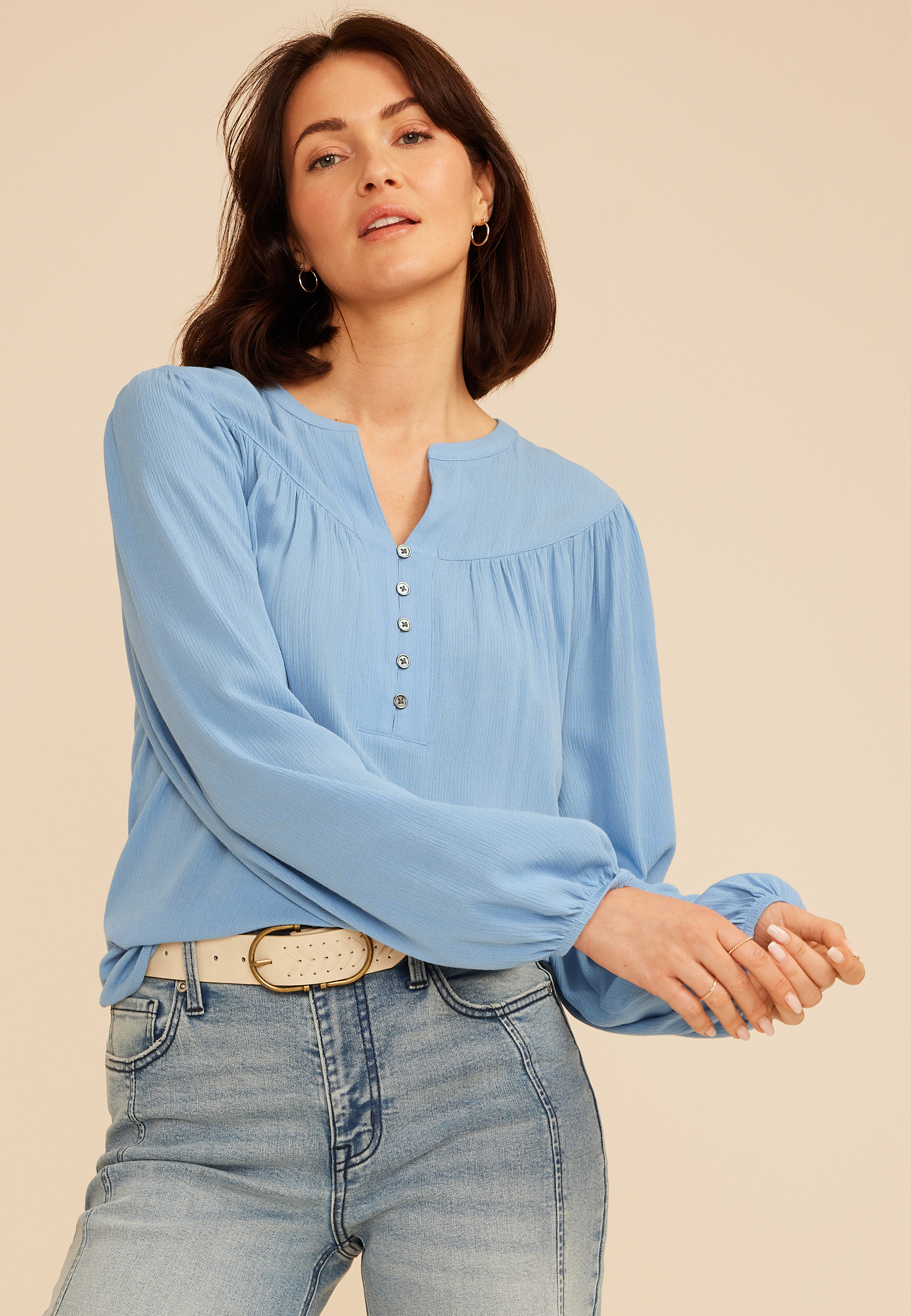 Split Neck Henley Blouse - thumbnail 3