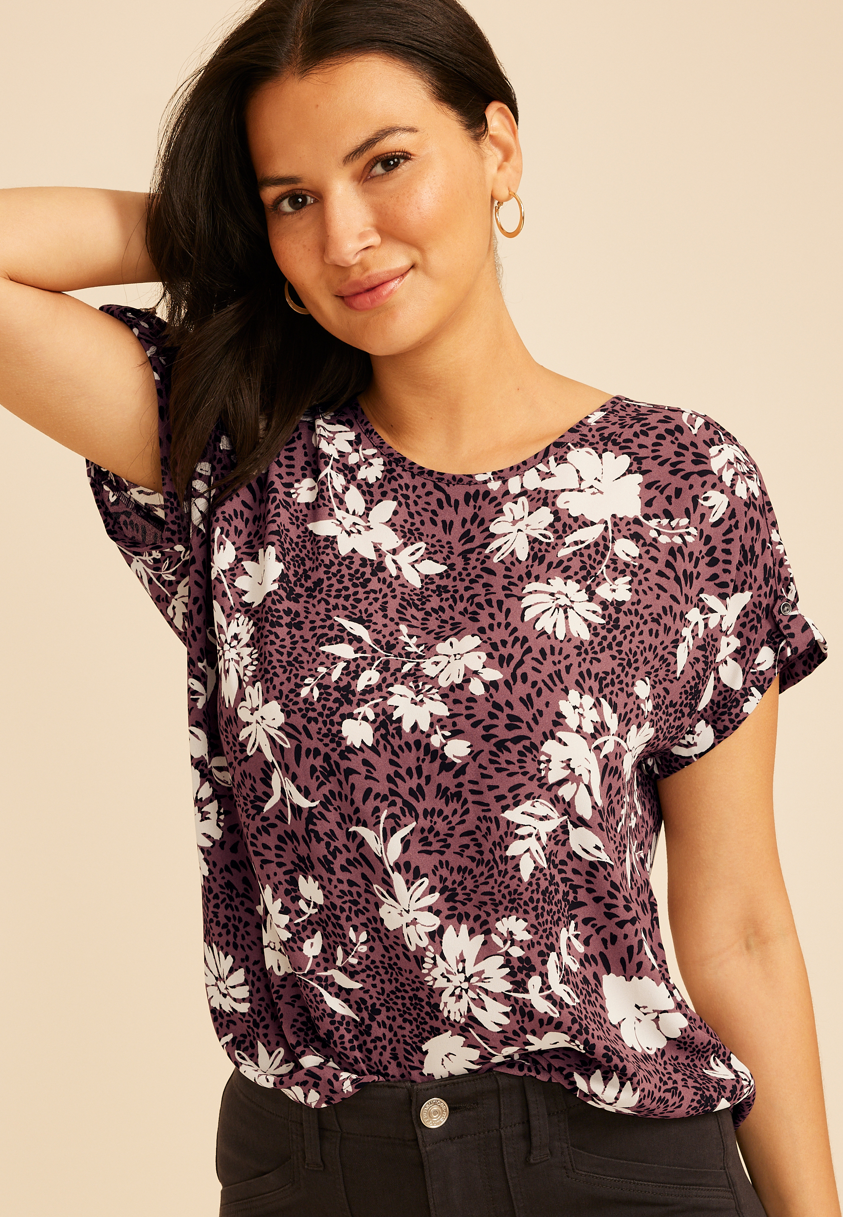 Delton Zipper Back Animal Floral Print Blouse
