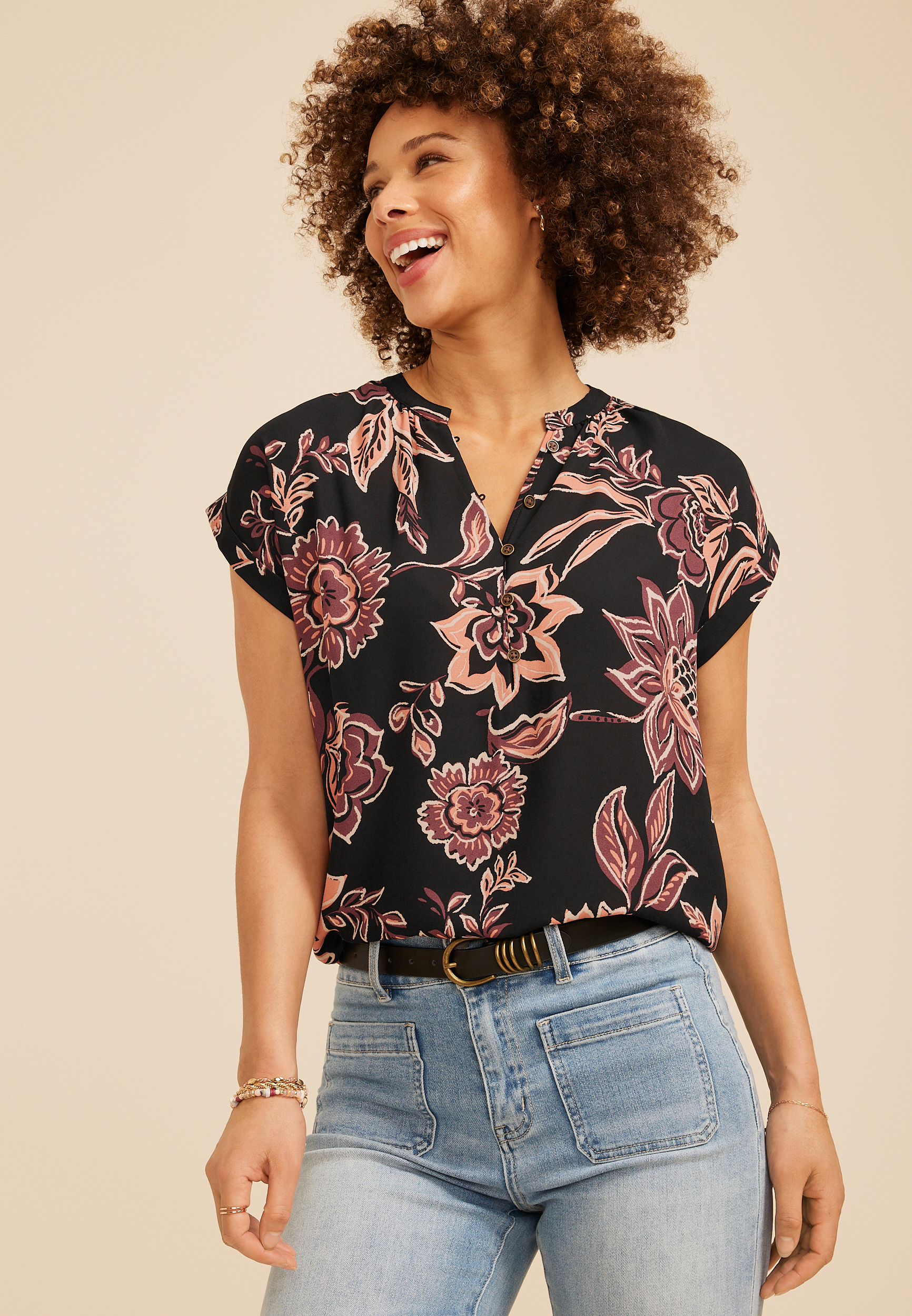 Delton Floral Henley Blouse