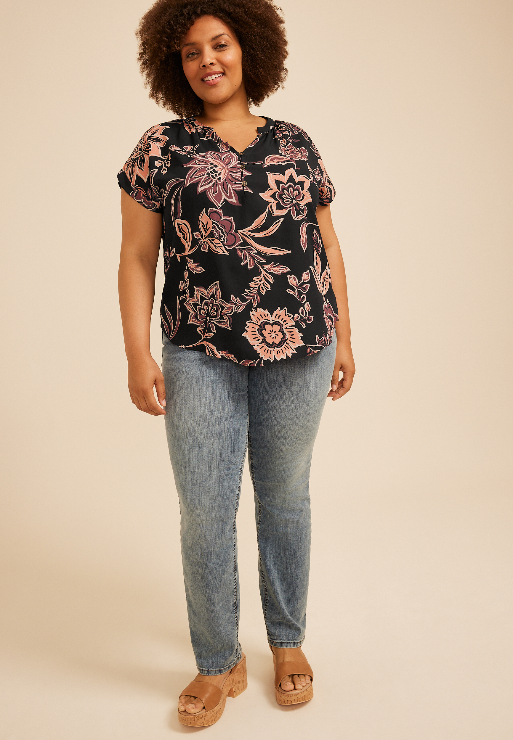 Plus Size Delton Floral Henley Blouse