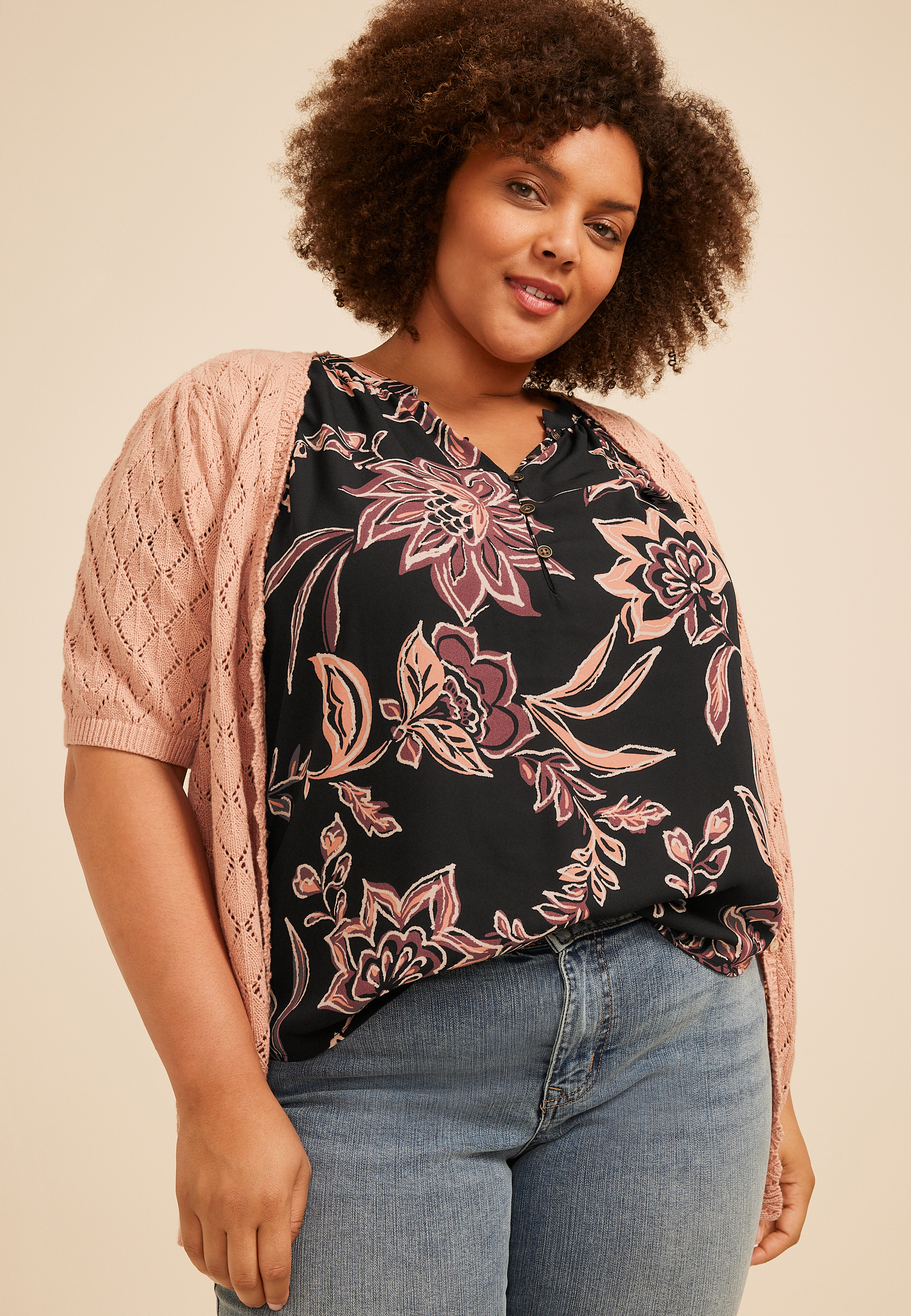 Plus Size Delton Floral Henley Blouse, C1524, large