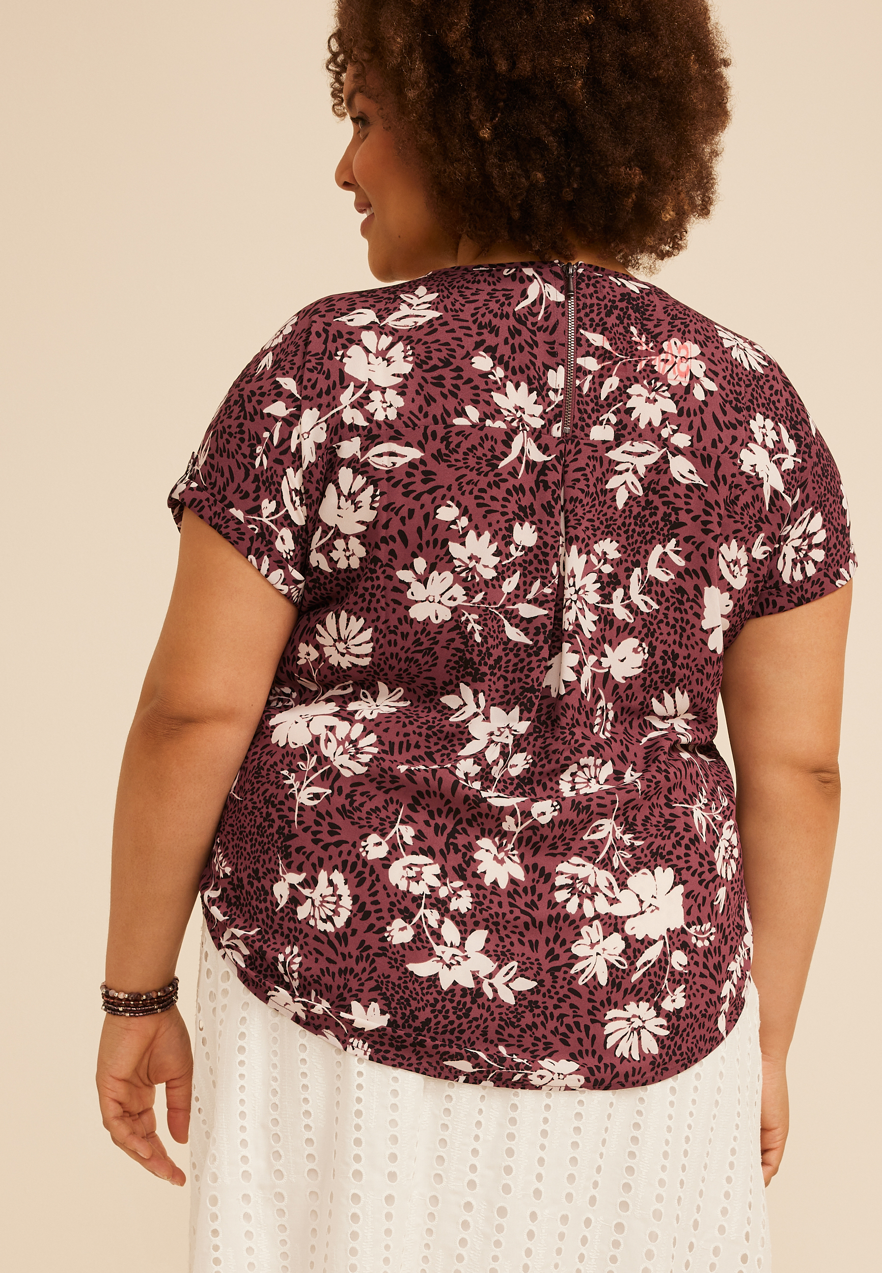 Plus Size Delton Zipper Back Animal Floral Print Blouse, C290, large