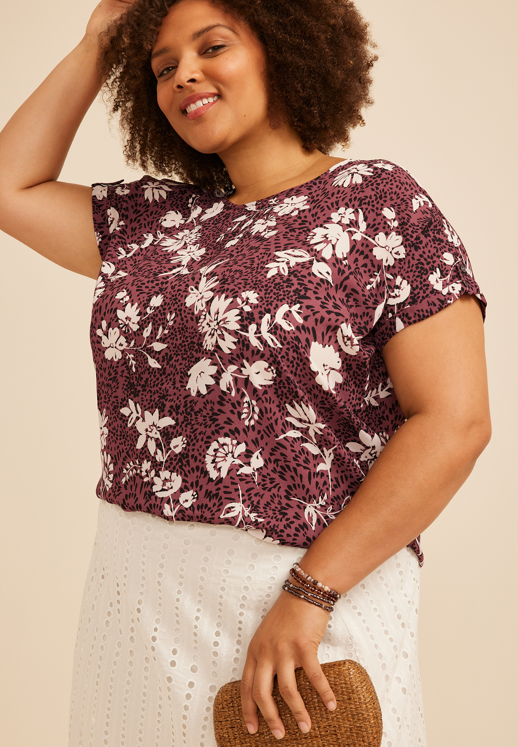 Plus Size Delton Zipper Back Animal Floral Print Blouse | maurices