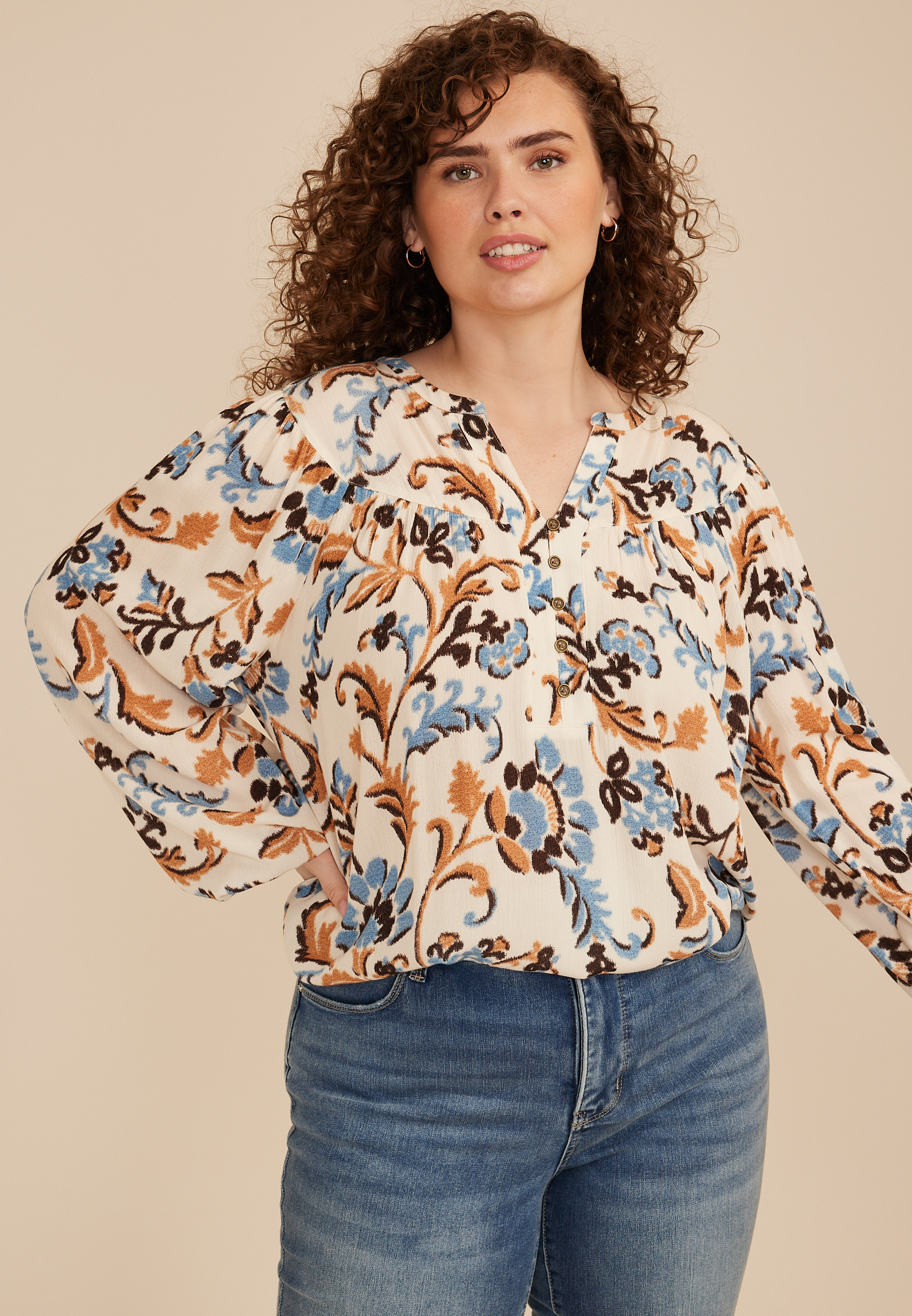 Plus Size Floral Henley Peasant Blouse