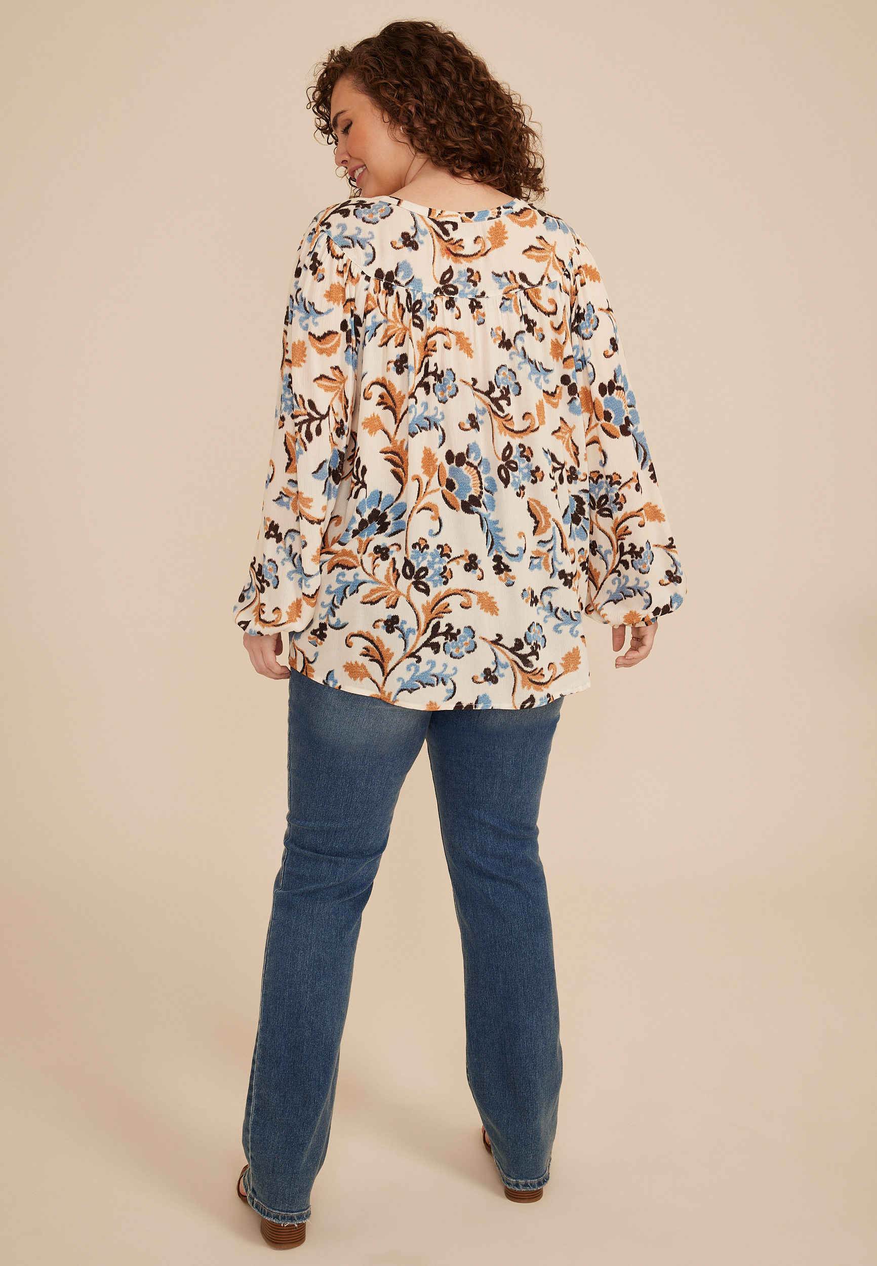 Plus Size Floral Henley Peasant Blouse - thumbnail 2