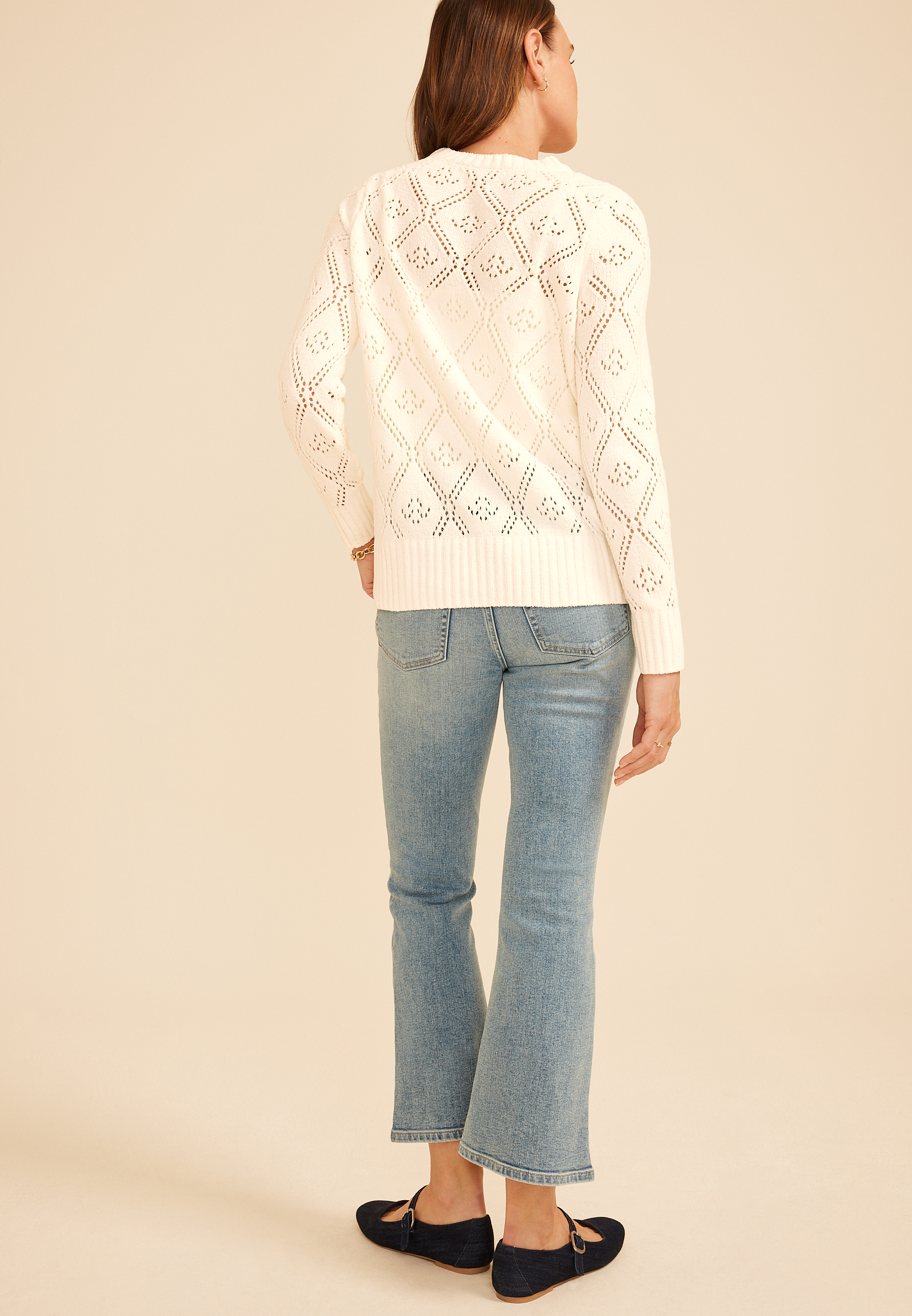 Diamond Pointelle Crew Neck Sweater, C9298, large