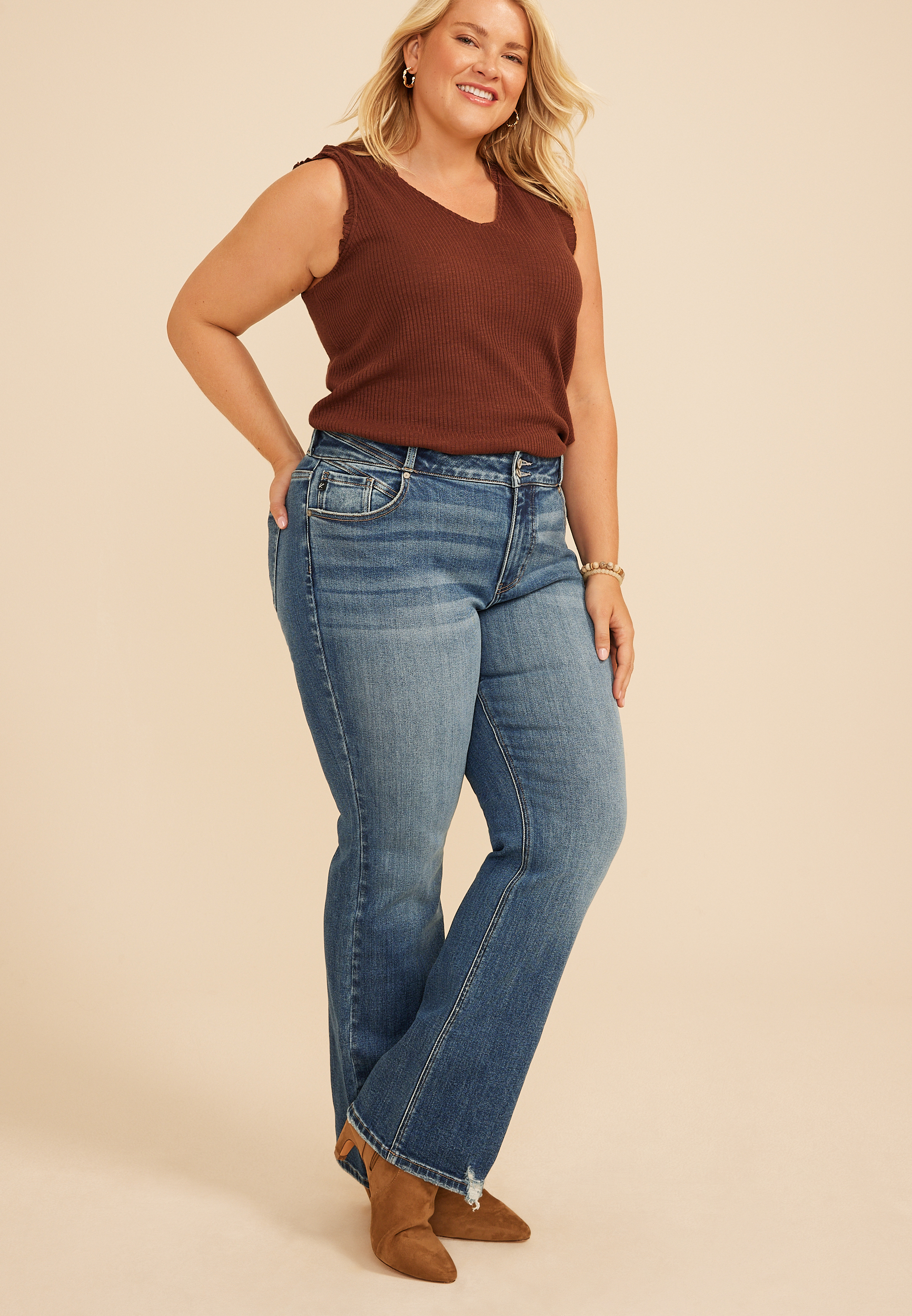 Plus Size KanCan&trade; High Rise Double Button Pieced Waist Bootcut Jeans