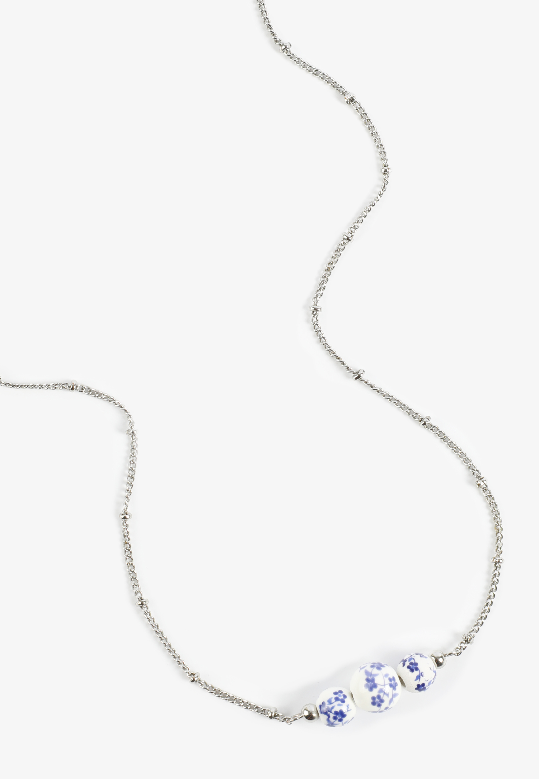 Silver Blue Floral Ceramic Beaded Necklace