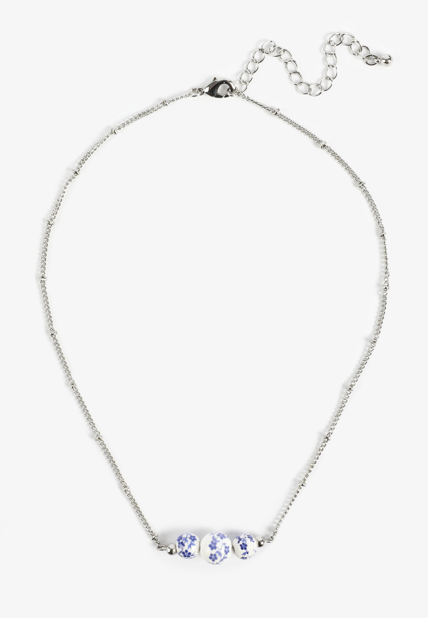 Silver Blue Floral Ceramic Beaded Necklace, C431, large