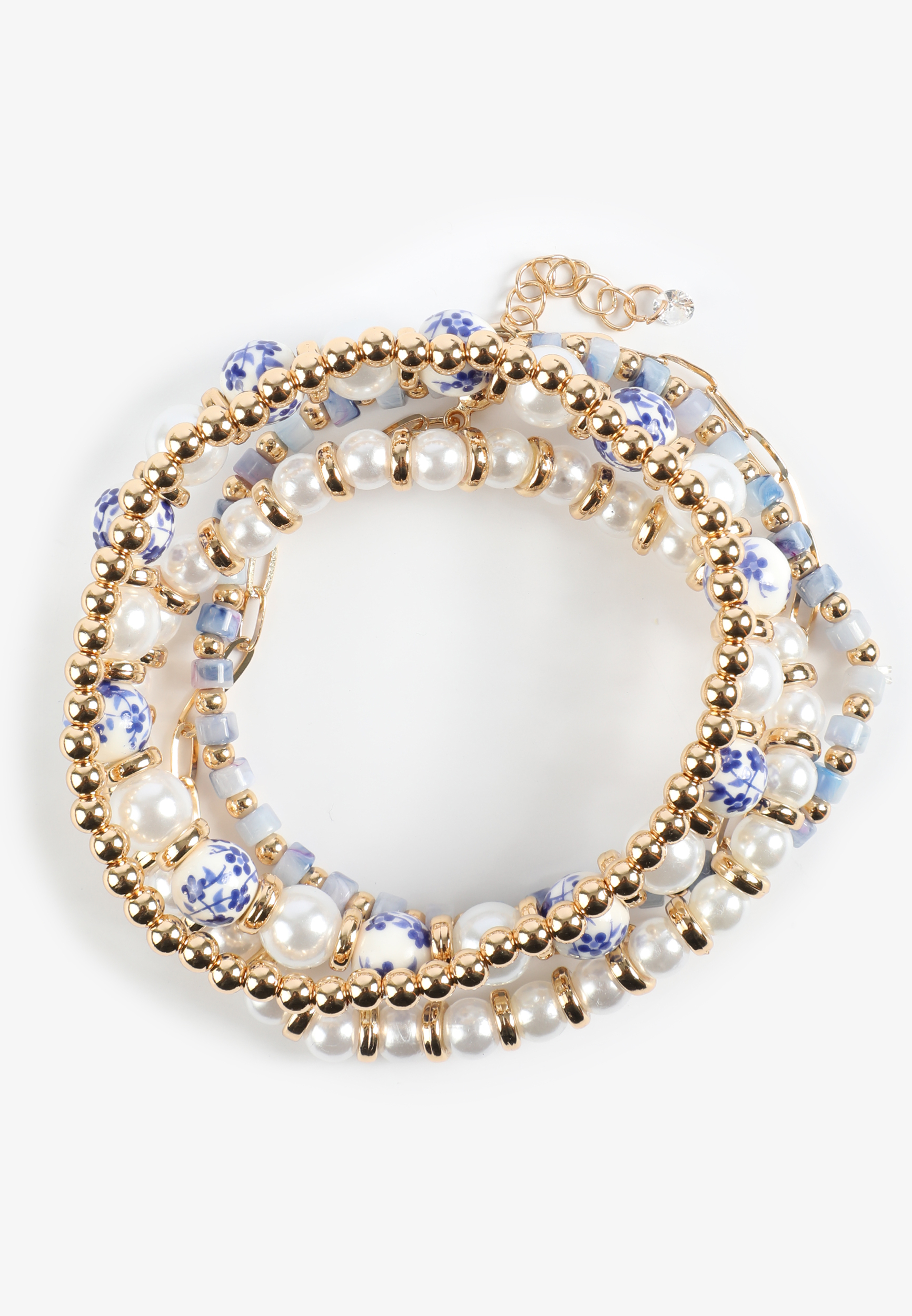 Gold Floral Beaded Faux Pearl Bracelet Set