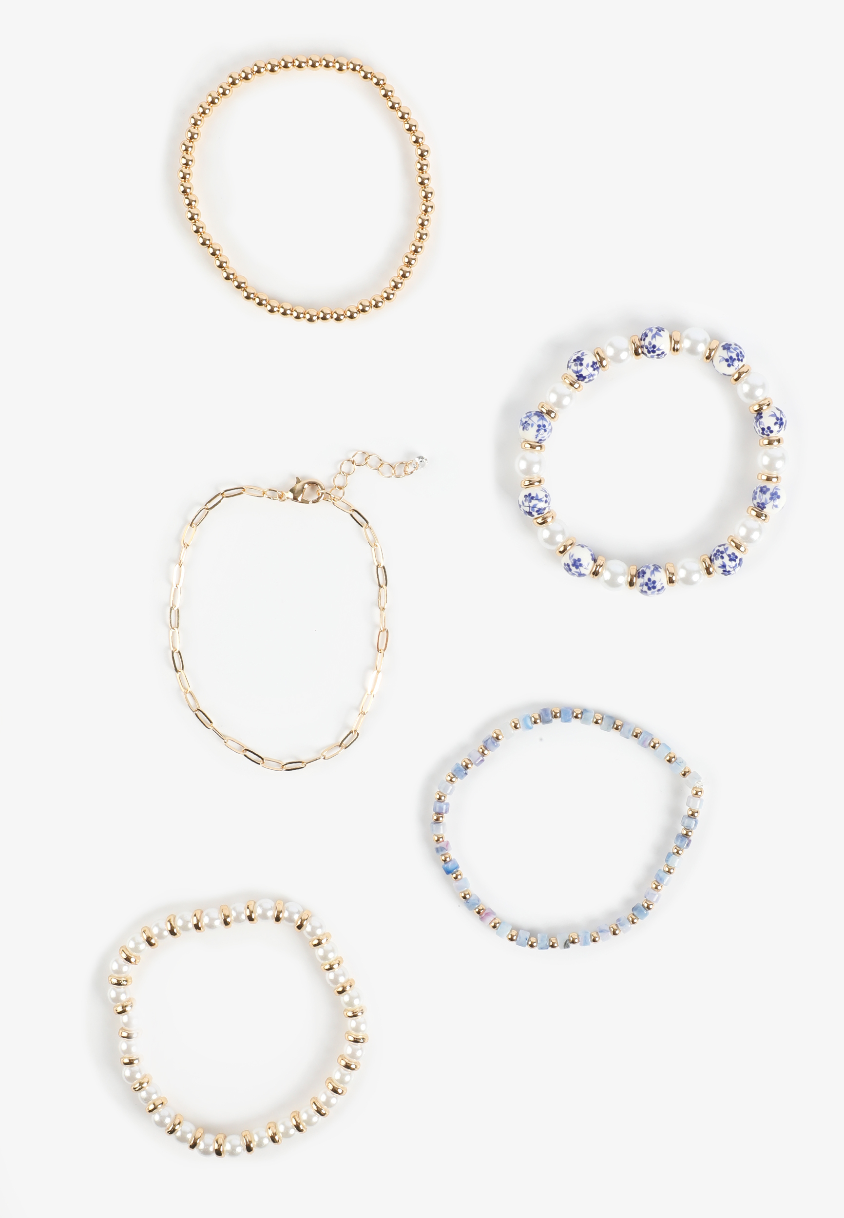 Gold Floral Beaded Faux Pearl Bracelet Set - thumbnail 2