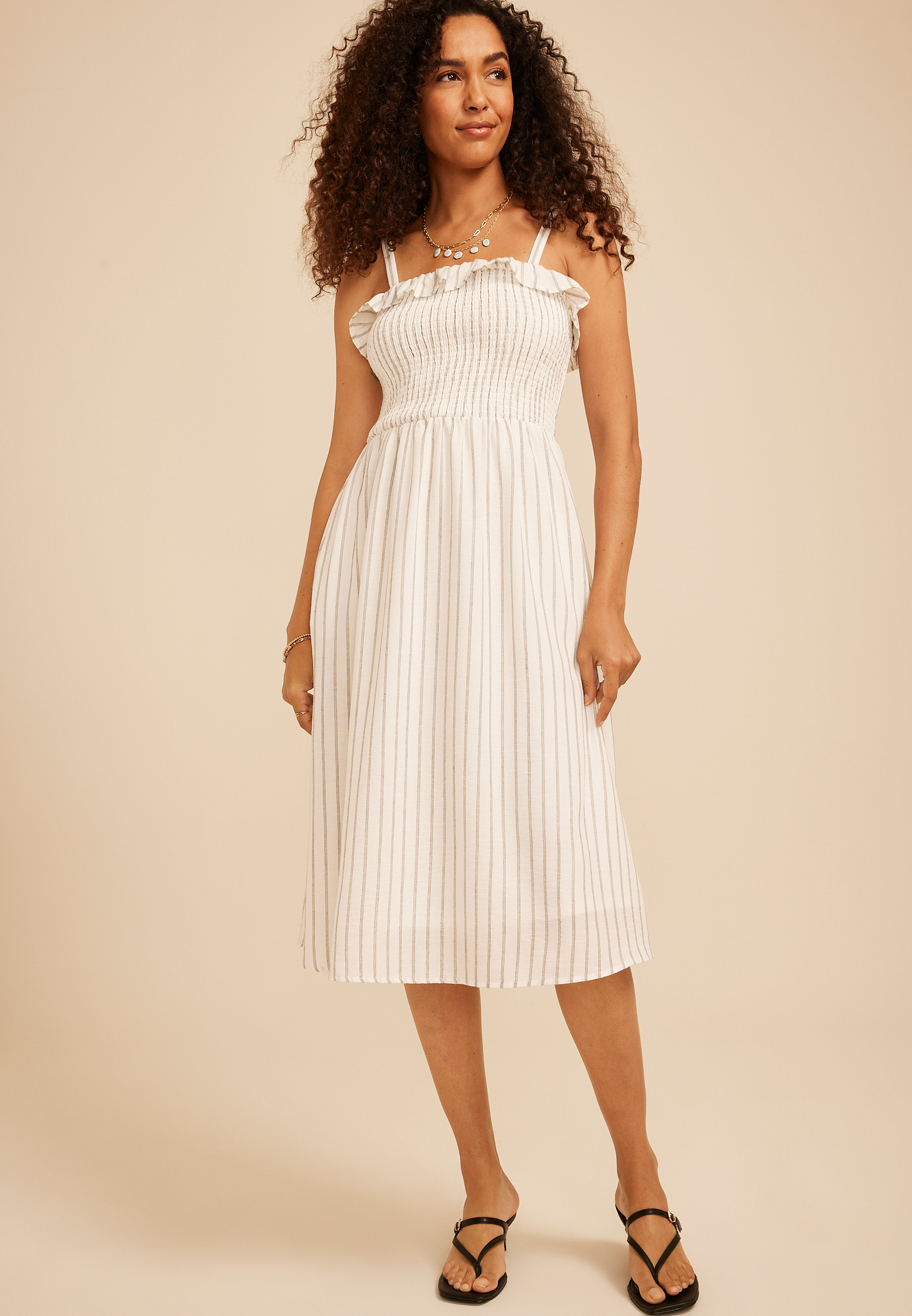 Bare Striped Ruffle Midi Dress