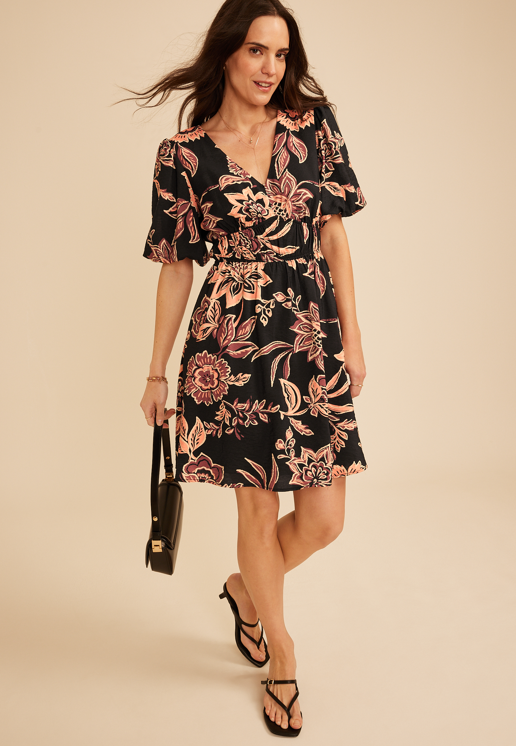 Floral Bubble Sleeve V Neck Midi Dress