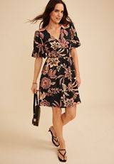 Floral Bubble Sleeve V Neck Mini Dress, C1756, small