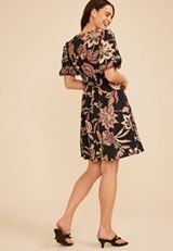 Floral Bubble Sleeve V Neck Mini Dress, C1756, small