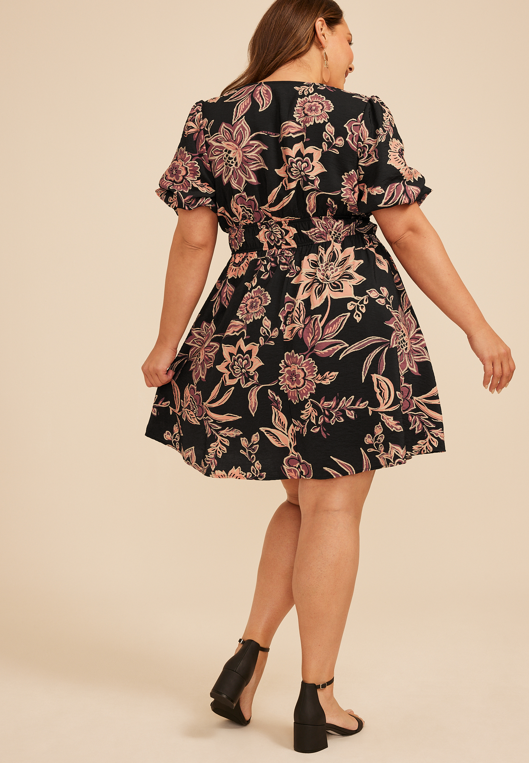 Plus Size Floral Bubble Sleeve V Neck Mini Dress, C1756, large