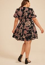 Plus Size Floral Bubble Sleeve V Neck Mini Dress, C1756, small