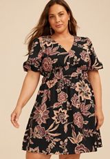 Plus Size Floral Bubble Sleeve V Neck Mini Dress, C1756, small