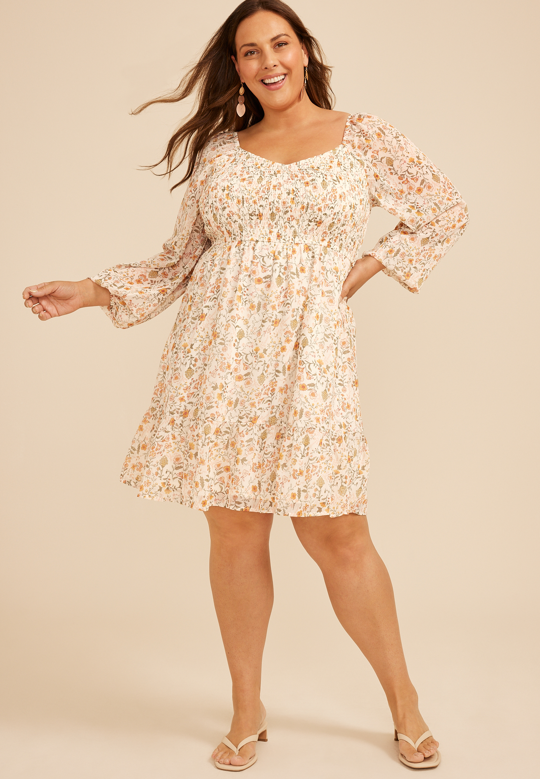 Plus Size Floral Sweetheart Smocked Bodice Babydoll Dress, C5487, large