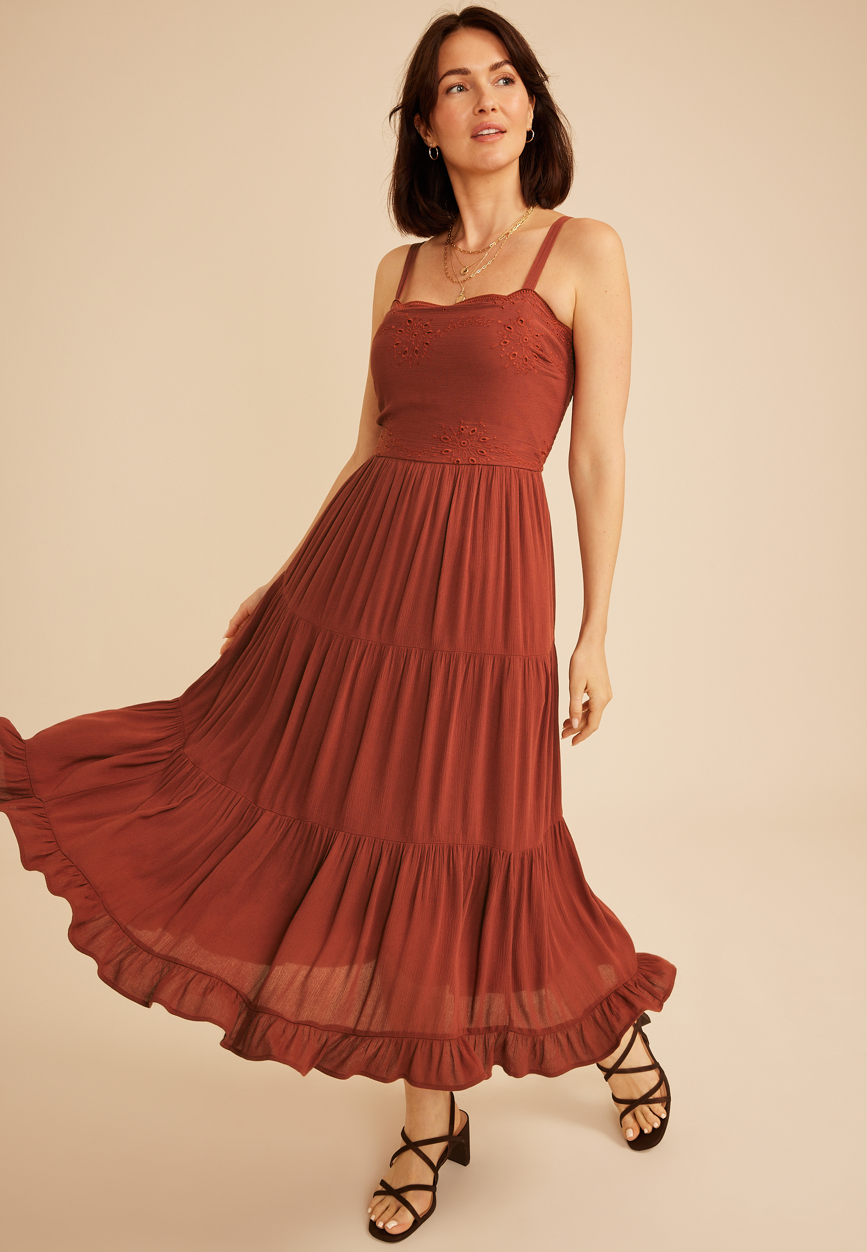 Bare Embroidered Eyelet Tiered Midi Dress, C8482, large