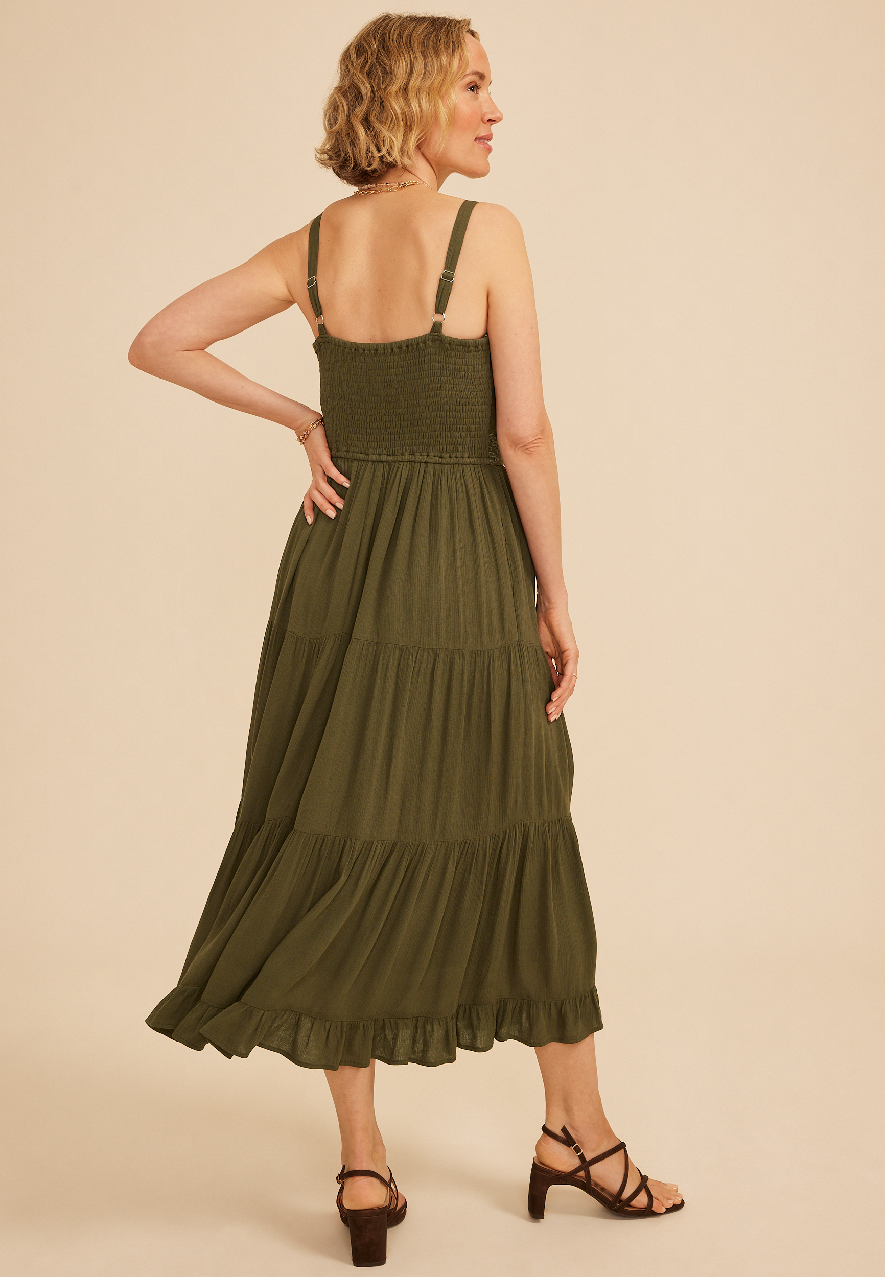 Bare Embroidered Eyelet Tiered Midi Dress, C9161, large