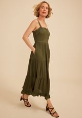 Bare Embroidered Eyelet Tiered Midi Dress, C9161, small