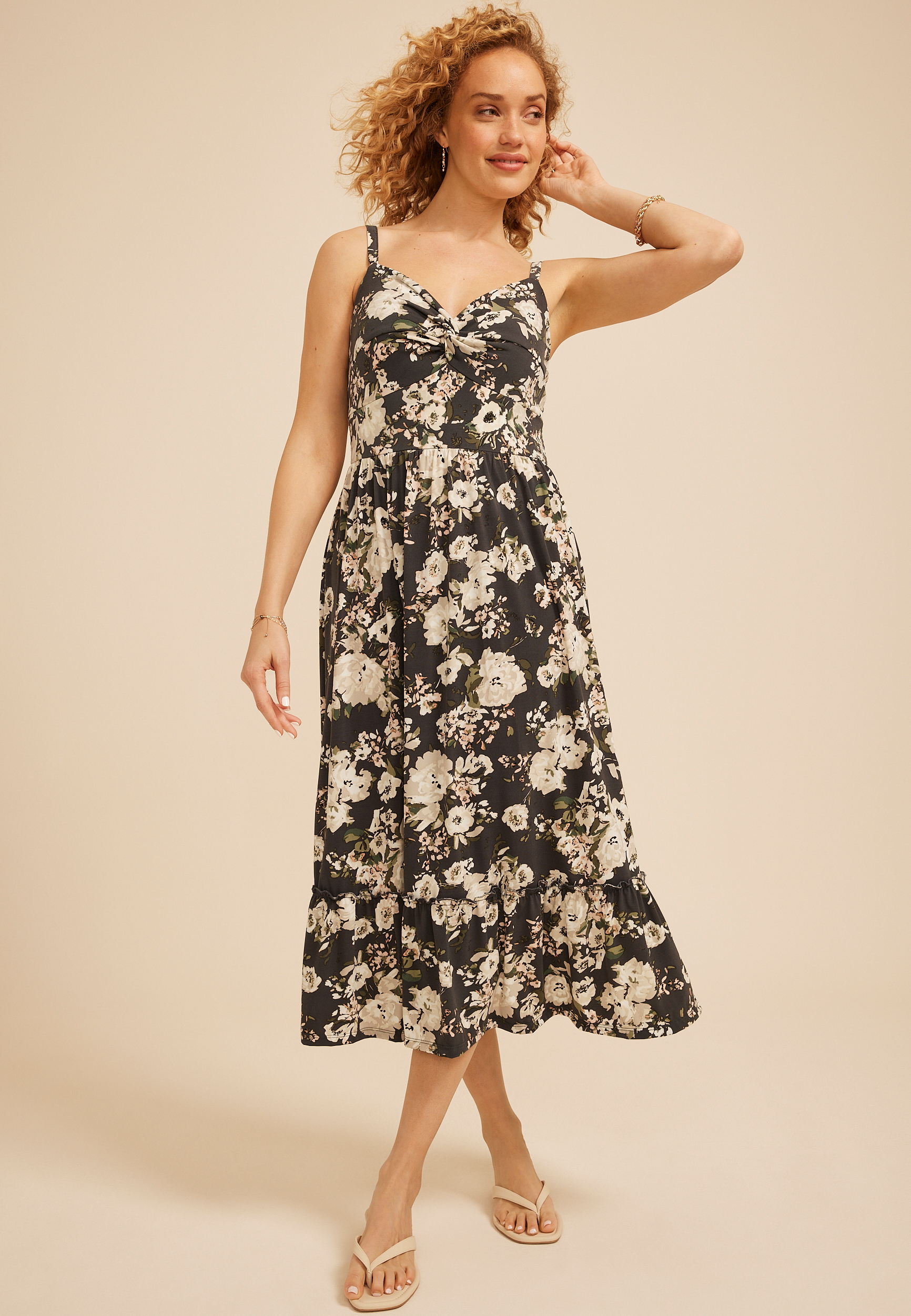 Bare V Neck Knot Front Midi Dress