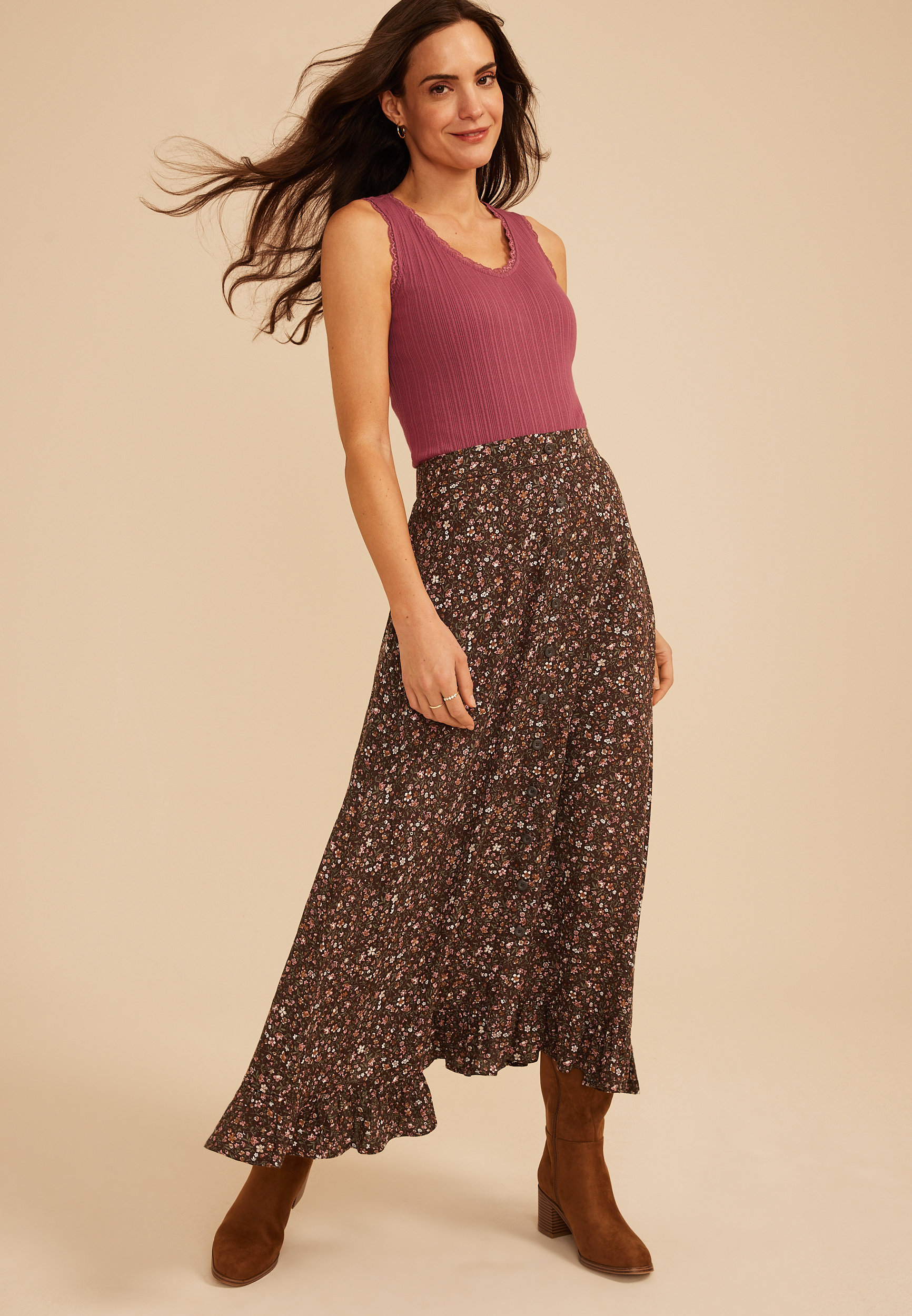 Floral High Rise Button Front Ruffle Hem Maxi Skirt