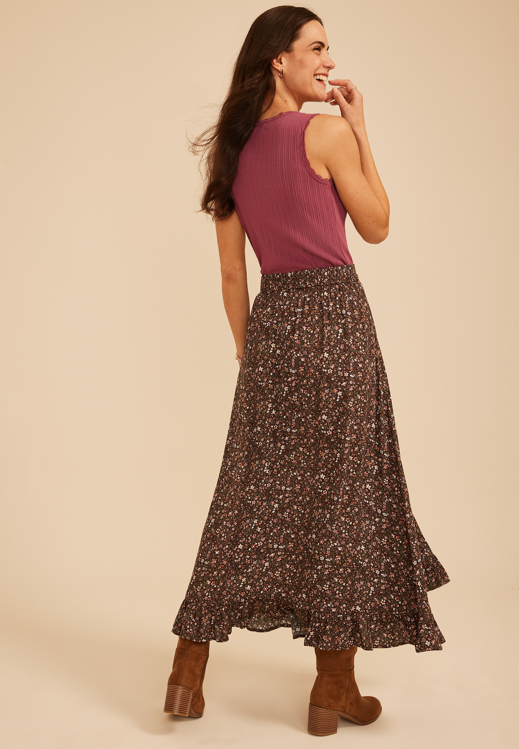 Floral High Rise Button Front Ruffle Hem Maxi Skirt, C1635, large