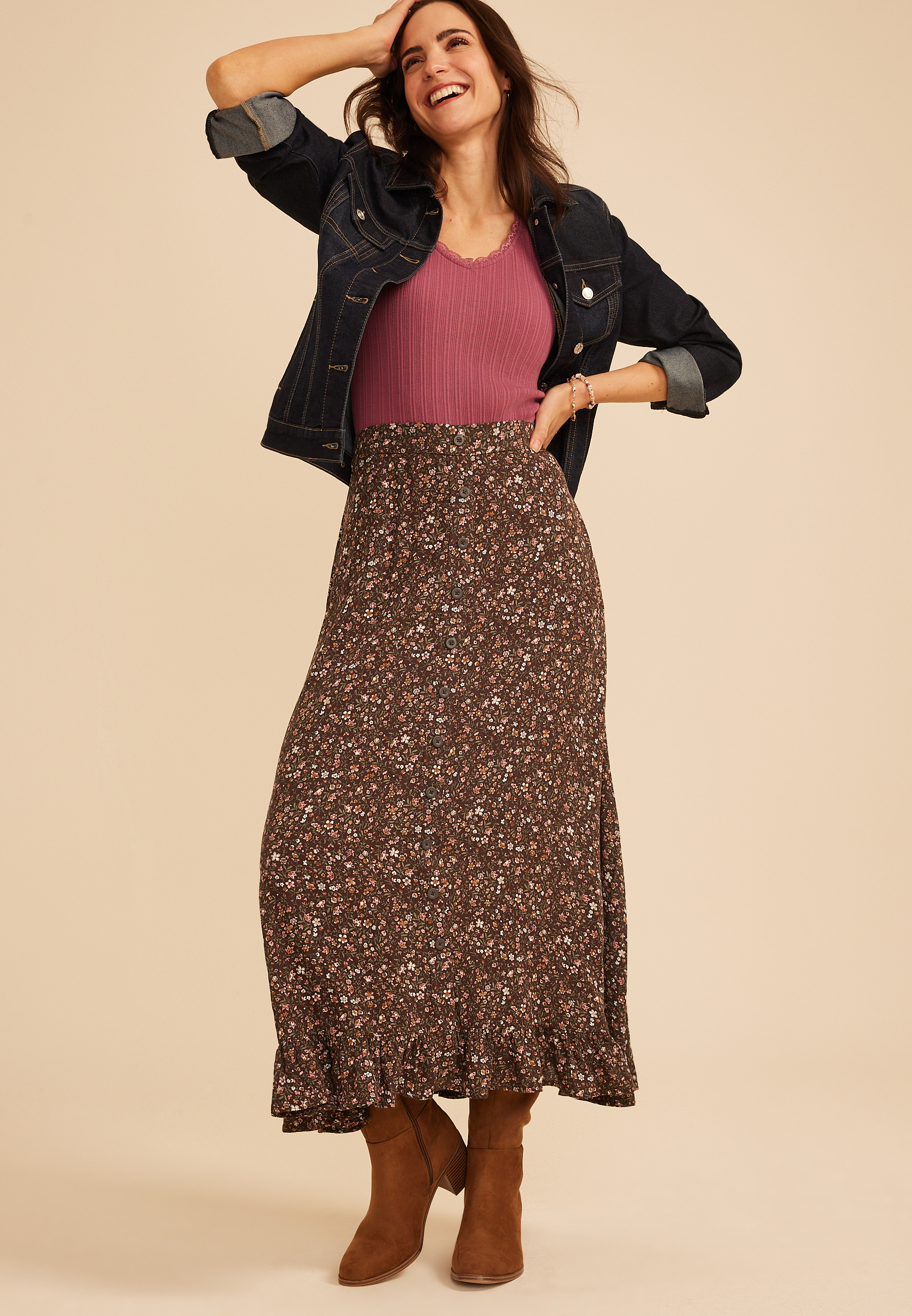 Floral High Rise Button Front Ruffle Hem Maxi Skirt, C1635, large