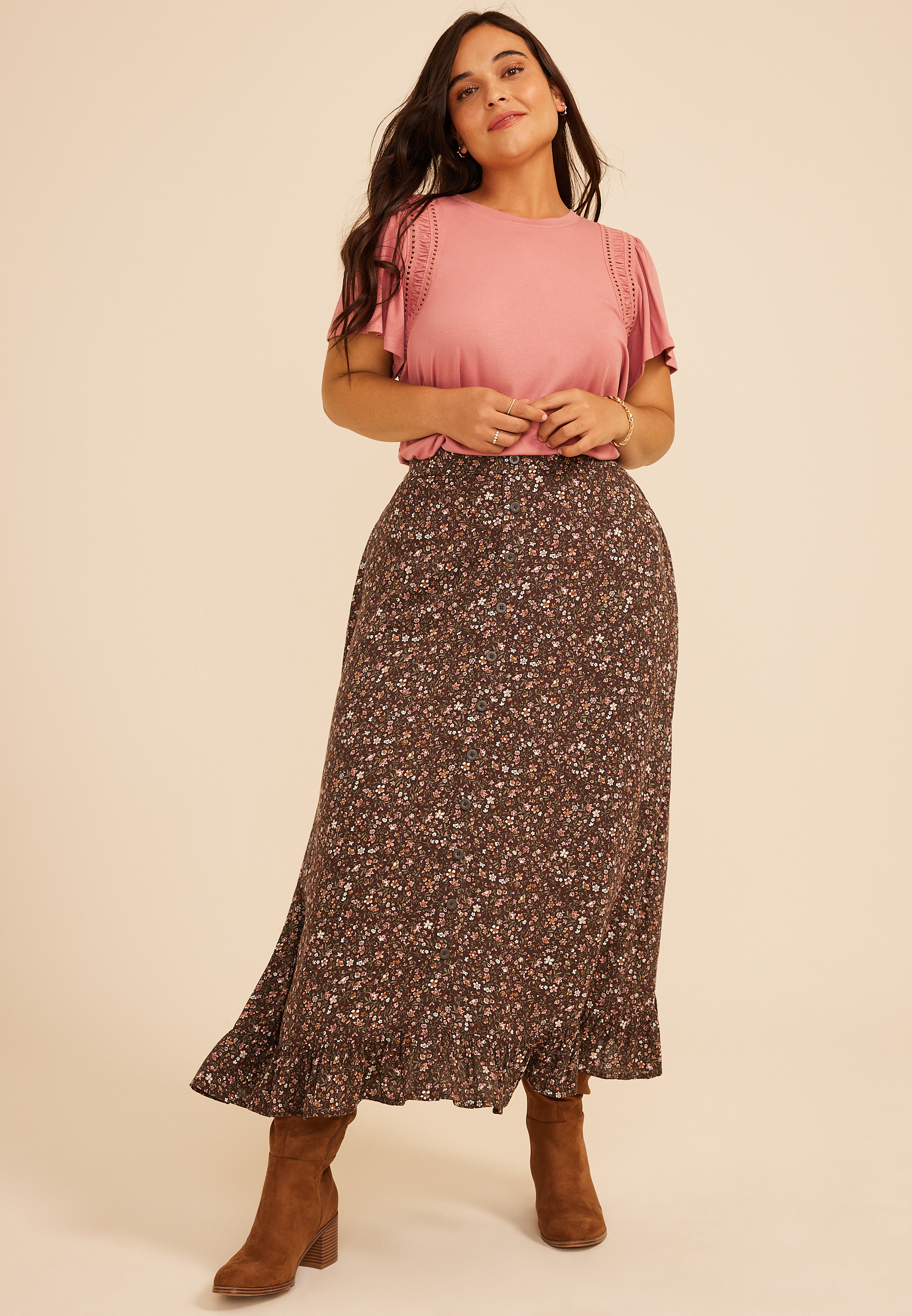 Plus Size Floral High Rise Button Front Ruffle Hem Maxi Skirt, C1635, large