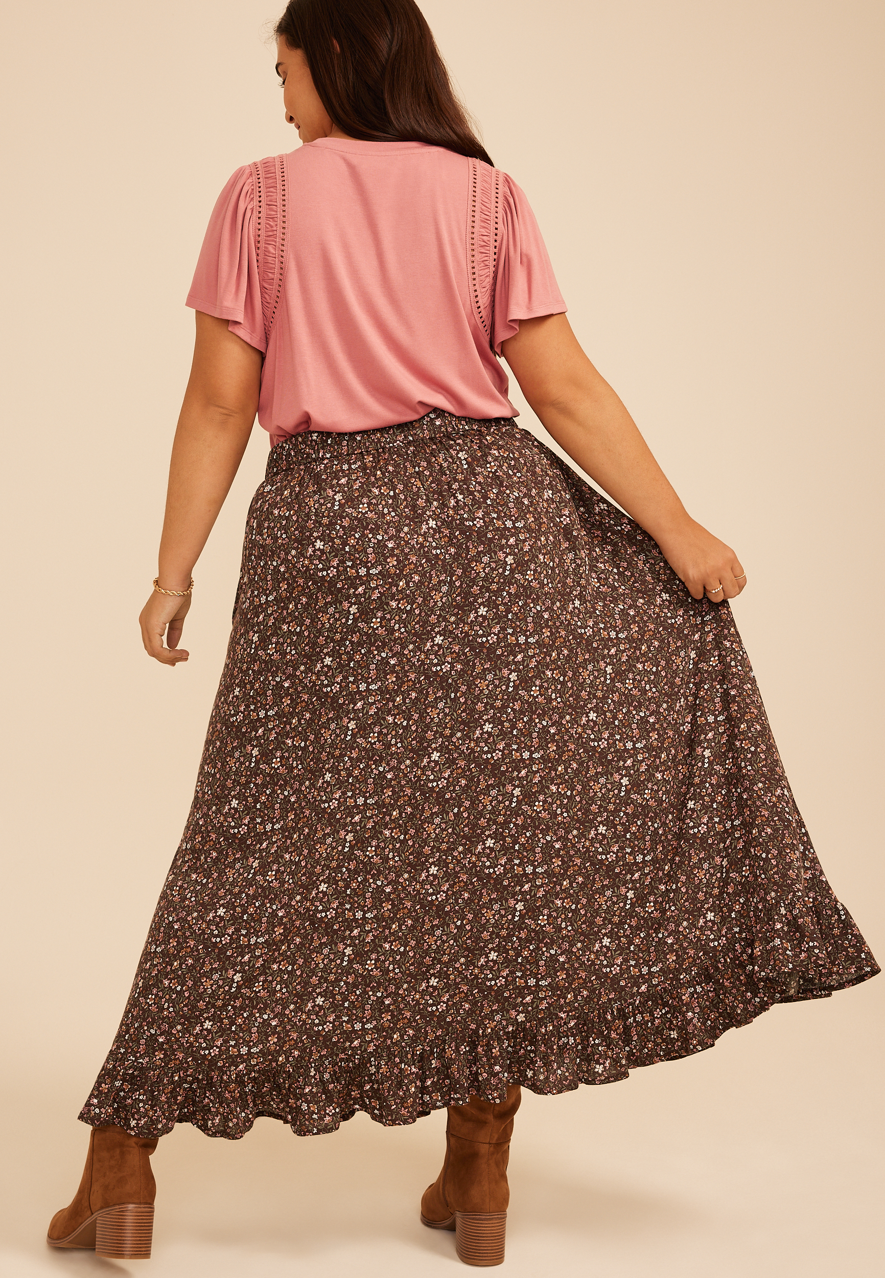 Plus Size Floral High Rise Button Front Ruffle Hem Maxi Skirt, C1635, large