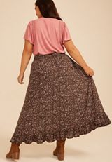 Plus Size Floral High Rise Button Front Ruffle Hem Maxi Skirt, C1635, small