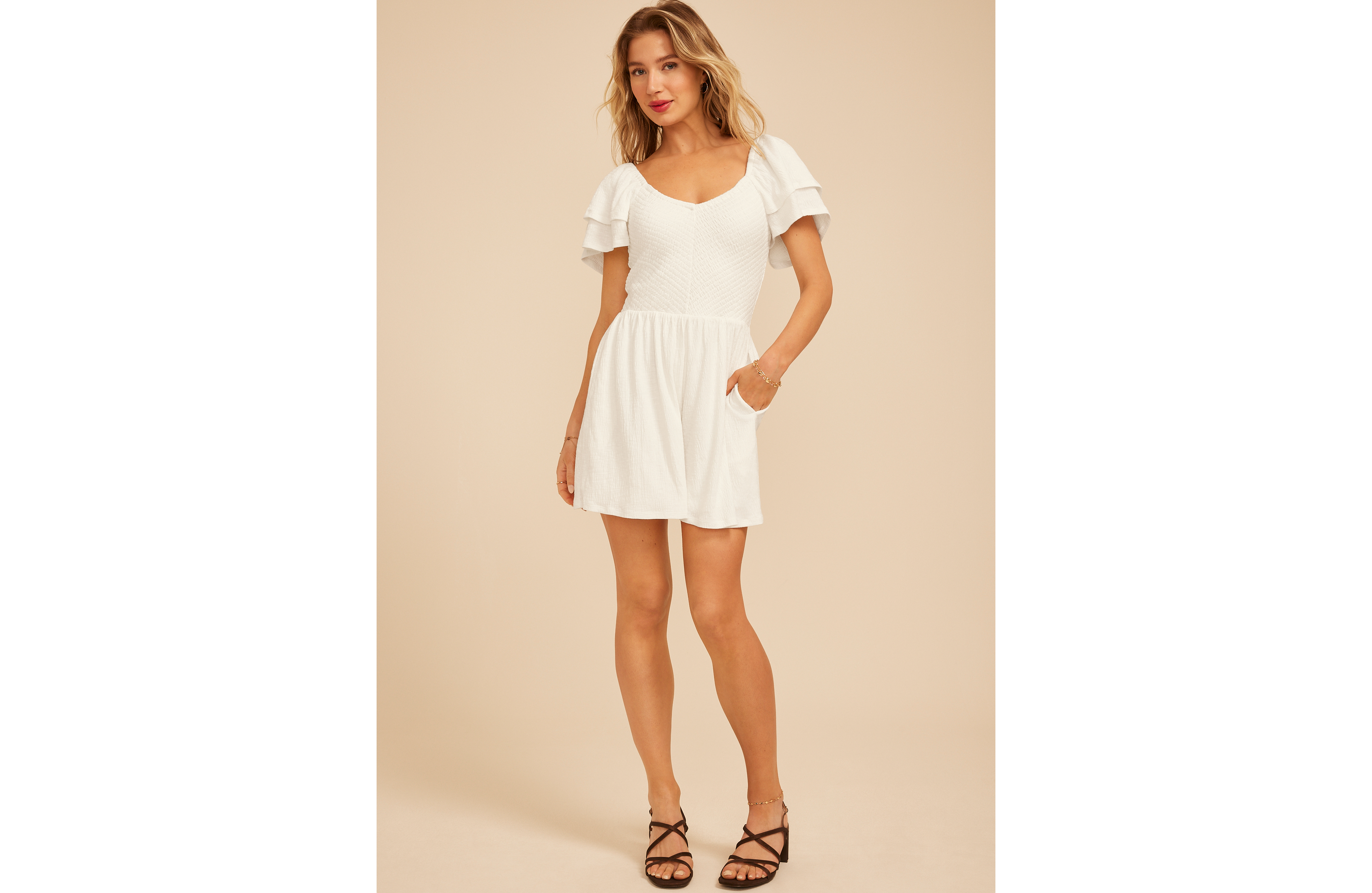 Crinkle Gauze Double Flutter Sleeve Romper