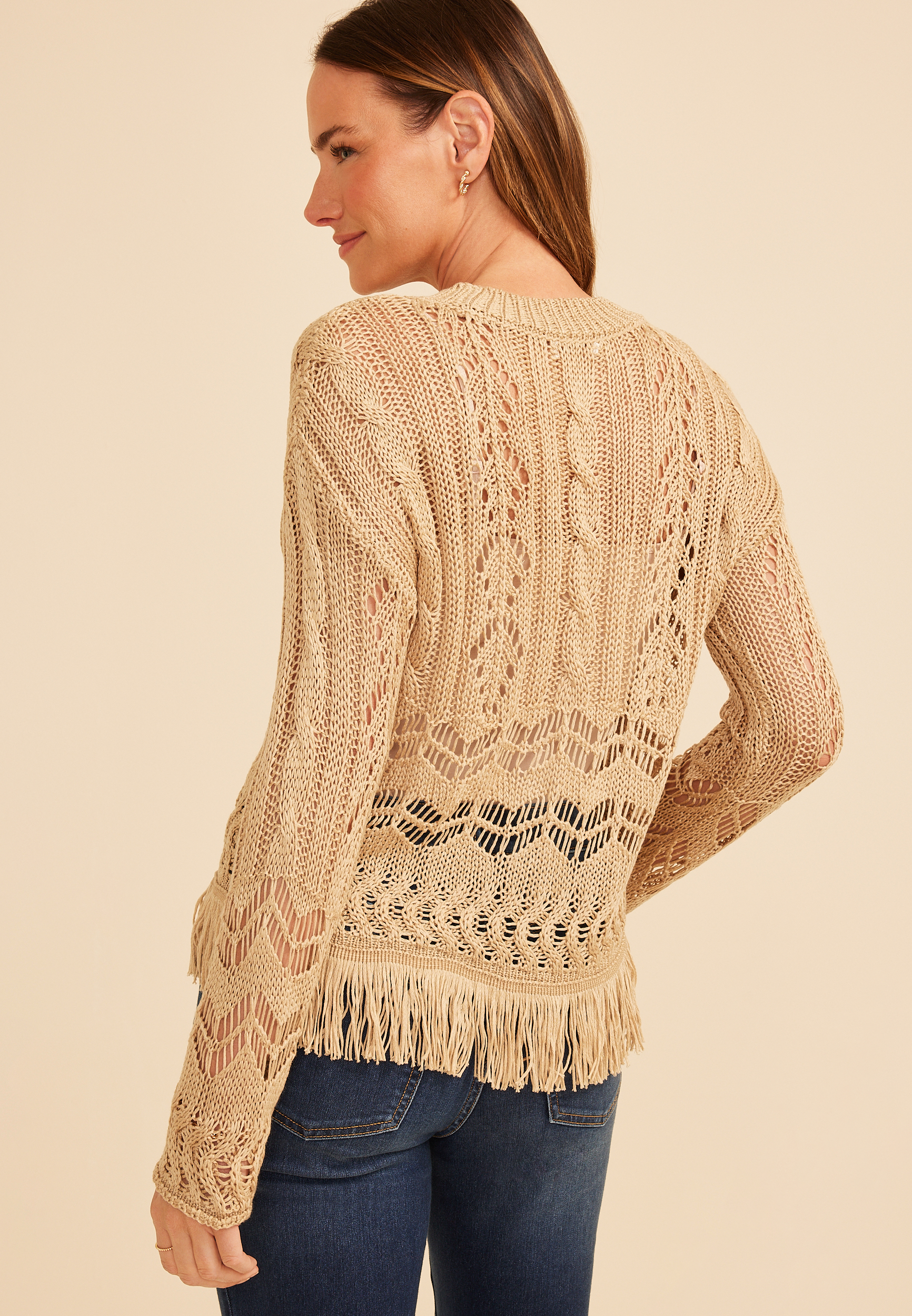 Pointelle Fringe Trim Pullover, C1493, large