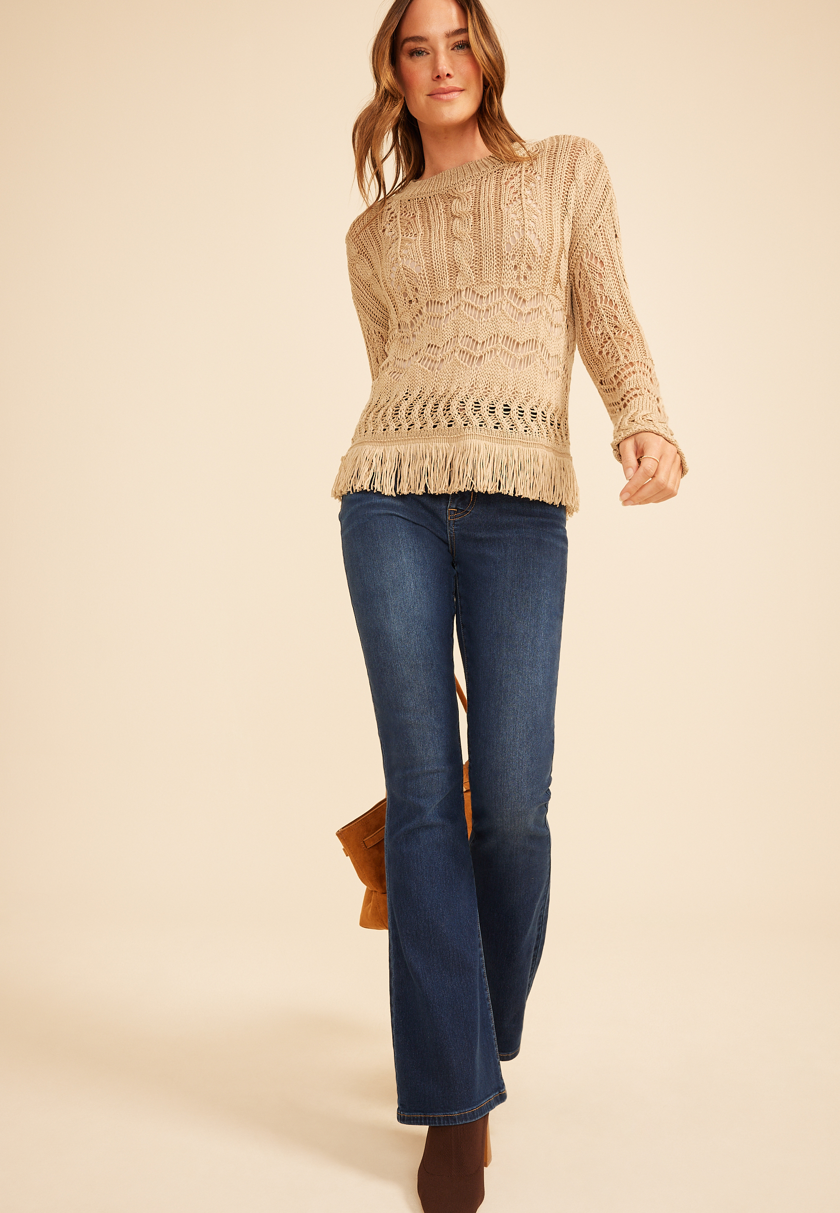 Pointelle Fringe Trim Pullover, C1493, large