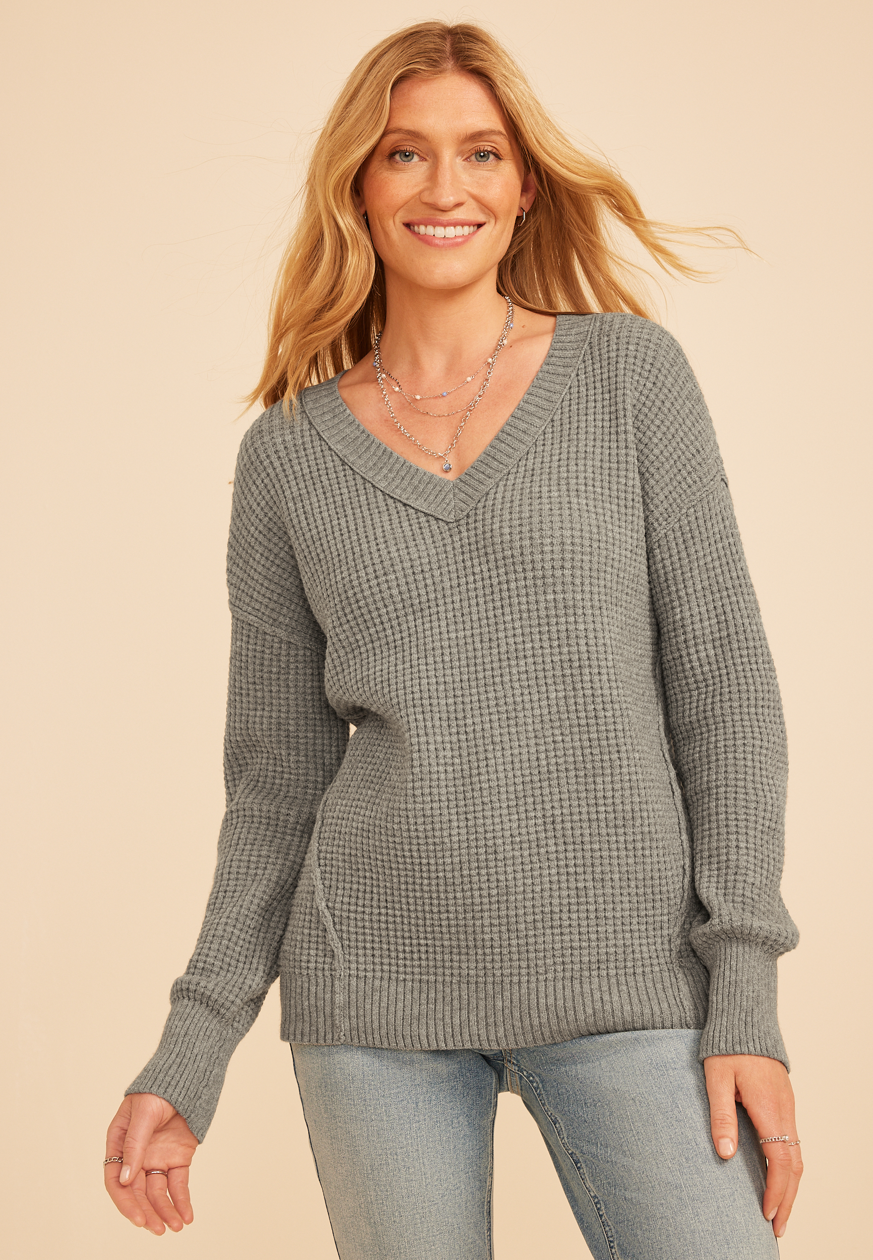 Waffle Stitch V Neck Sweater