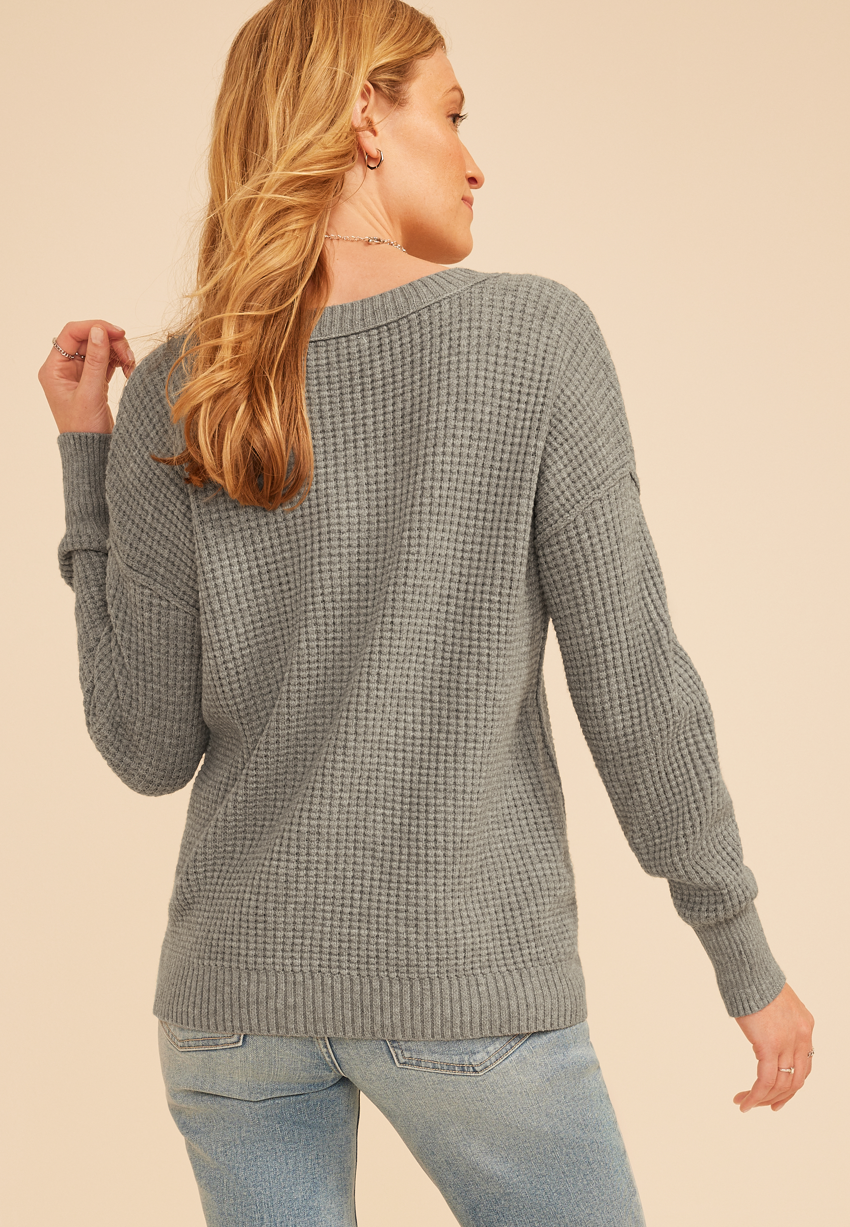 Waffle Stitch V Neck Sweater, C3042, large