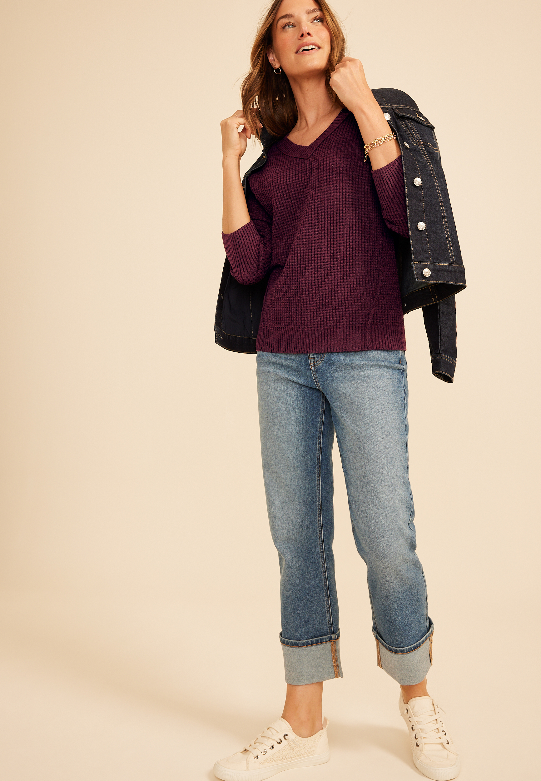 Waffle Stitch V Neck Sweater