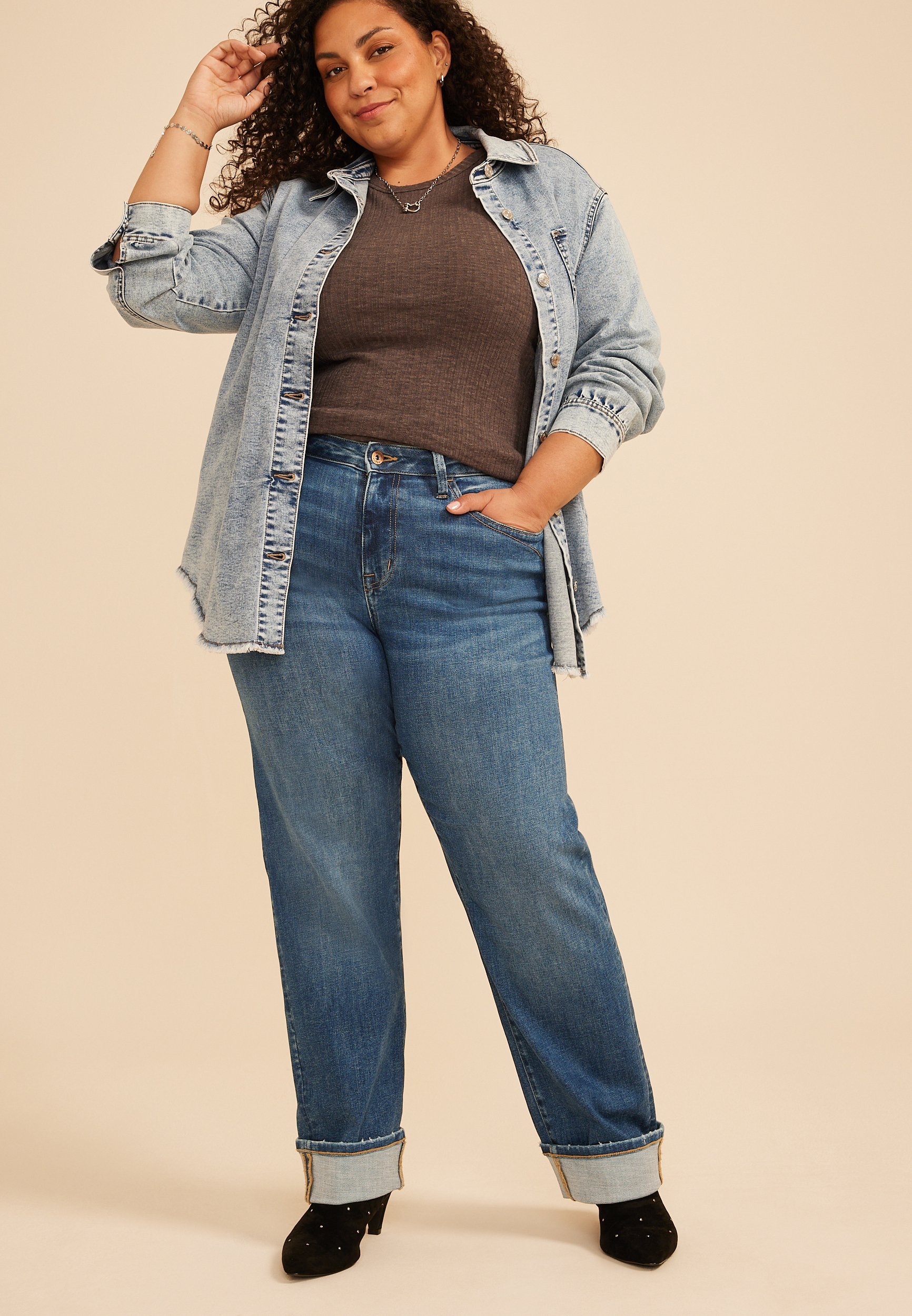Plus Size edgely&trade; High Rise Pocket Stitch Relaxed Straight Cuffed Jean, C3337, large