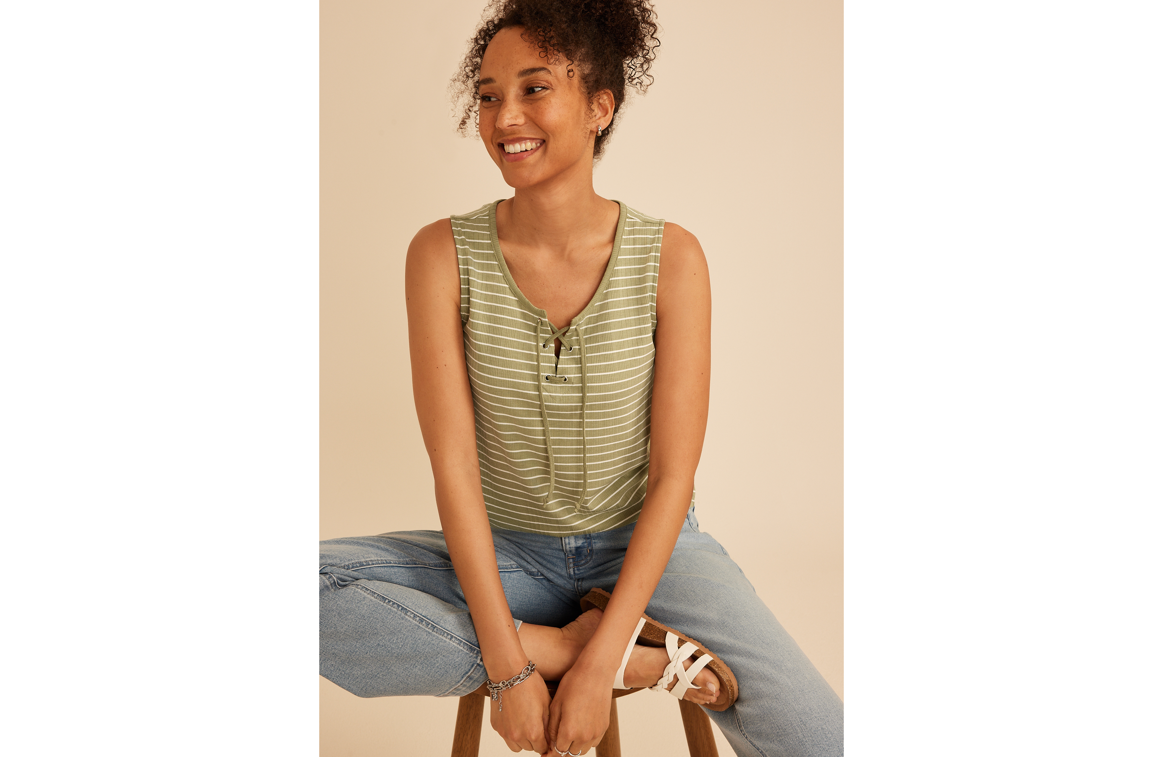 Striped Variegated Lace Up Tank Top